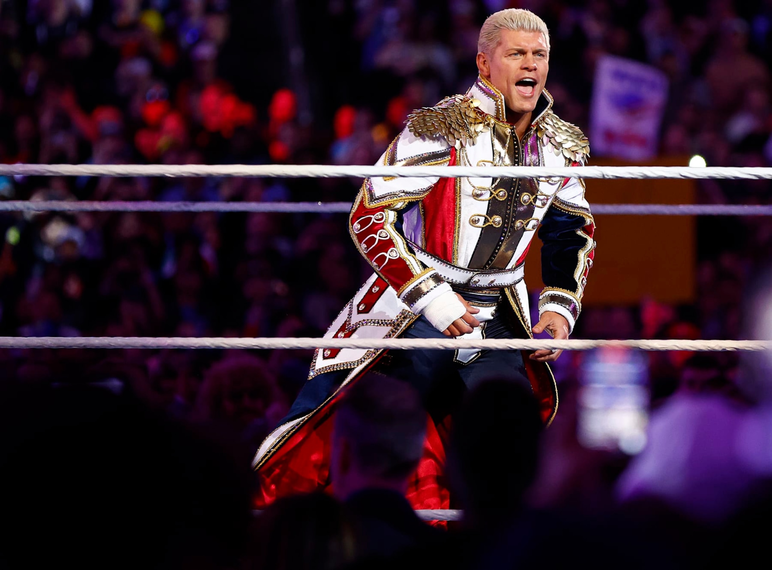 INGLEWOOD, CALIFORNIA - APRIL 02:  (L-R) Cody Rhodes wrestles Roman Reigns for Undisputed WWE Universal Title Match during WrestleMania Goes Hollywood at SoFi Stadium on April 02, 2023 in Inglewood, California.
 (Photo by Ronald Martinez/Getty Images)