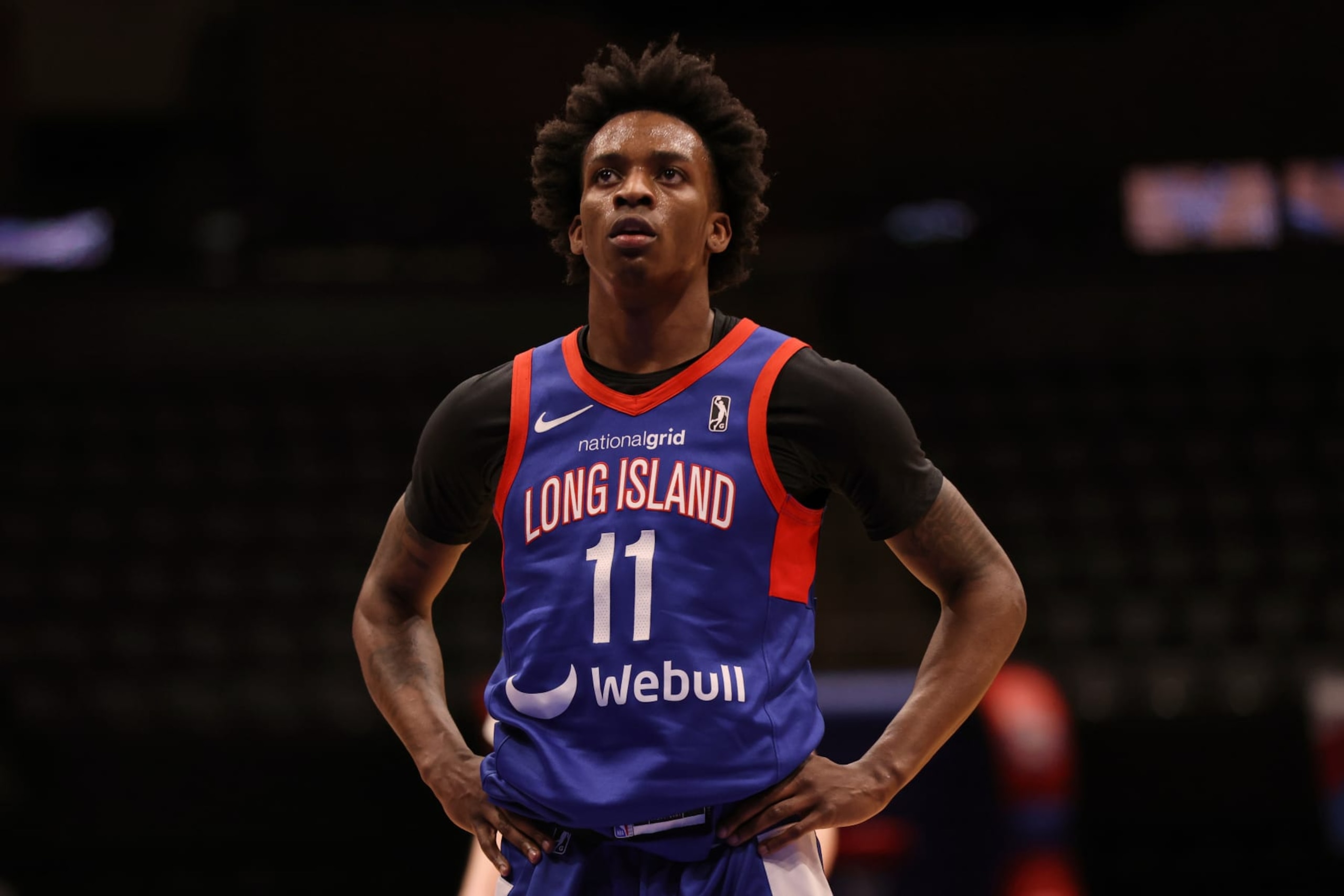 UNIONDALE, NY- FEBRUARY 22: Terry Roberts #11 of the Long Island Nets looks on during the game against the Mexico City Capitanes on February 22, 2024 in Uniondale, NY. NOTE TO USER: User expressly acknowledges and agrees that, by downloading and/or using this photograph, user is consenting to the terms and conditions of the Getty Images License Agreement. Mandatory Copyright Notice: Copyright 2024 NBAE (Photo by Luther Schlaifer/NBAE via Getty Images)