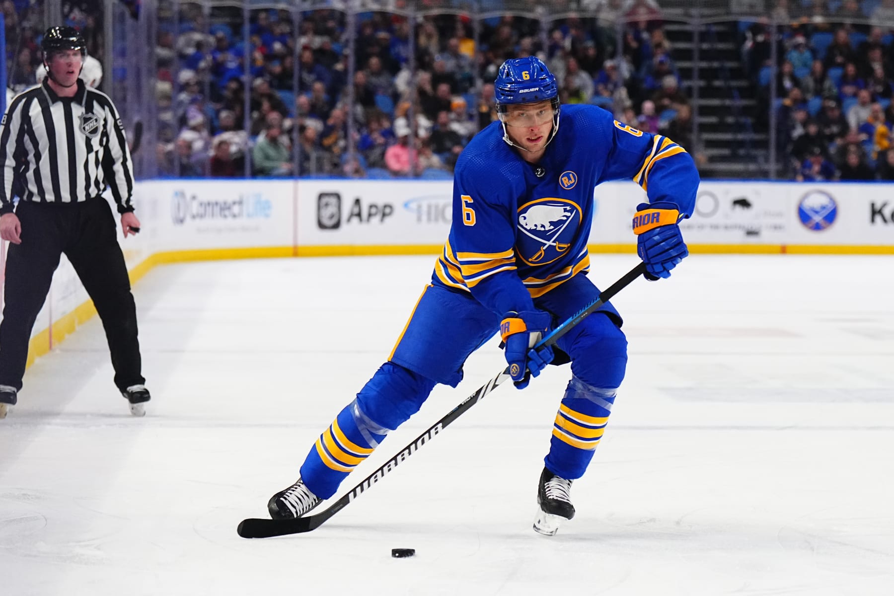 BUFFALO, NEW YORK - FEBRUARY 19: Erik Johnson #6 of the Buffalo Sabres skates during the second period against the Anaheim Ducks during an NHL game on February 19, 2024 at KeyBank Center in Buffalo, New York. (Photo by Ben Ludeman/NHLI via Getty Images)