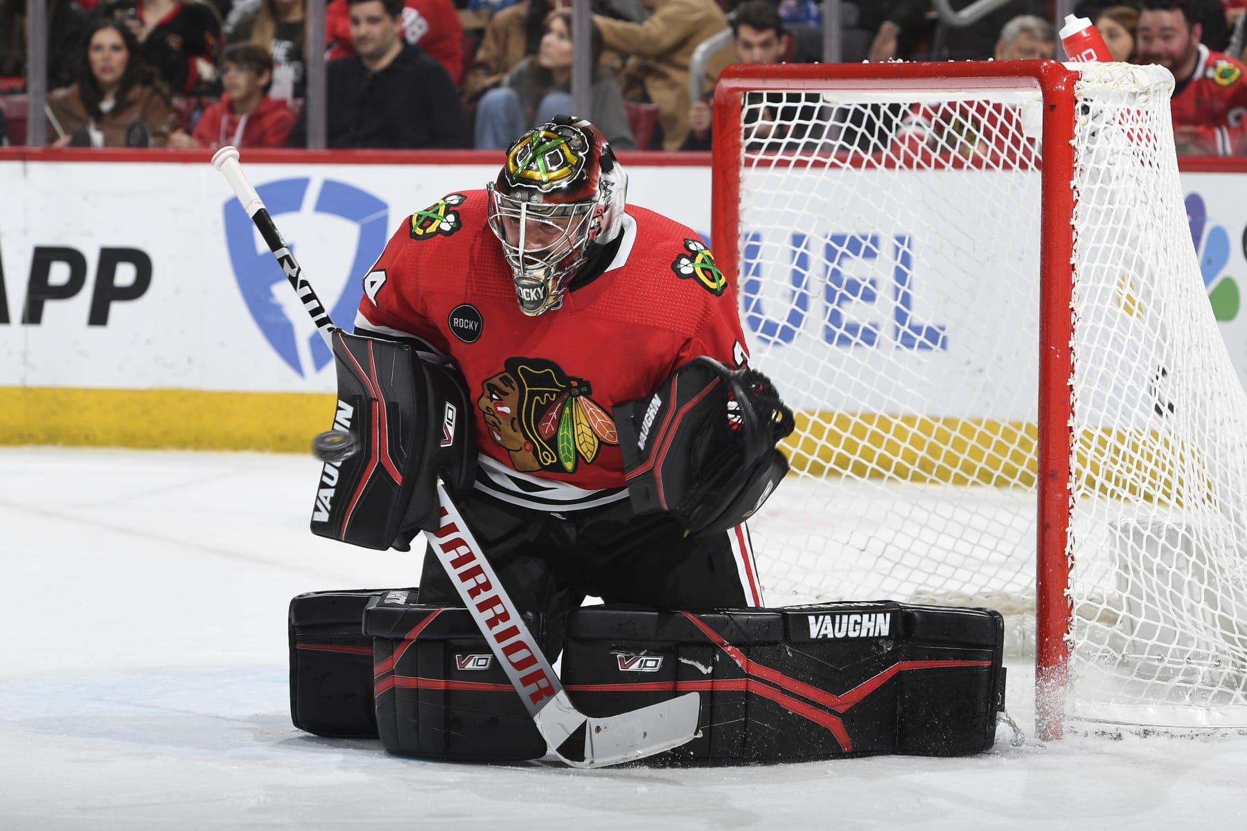 CHICAGO, ILLINOIS - FEBRUARY 17: Goalie Petr Mrazek #34 of the Chicago Blackhawks eyes the puck in the second period against the Ottawa Senators at the United Center on February 17, 2024 in Chicago, Illinois. (Photo by Bill Smith/NHLI via Getty Images)
