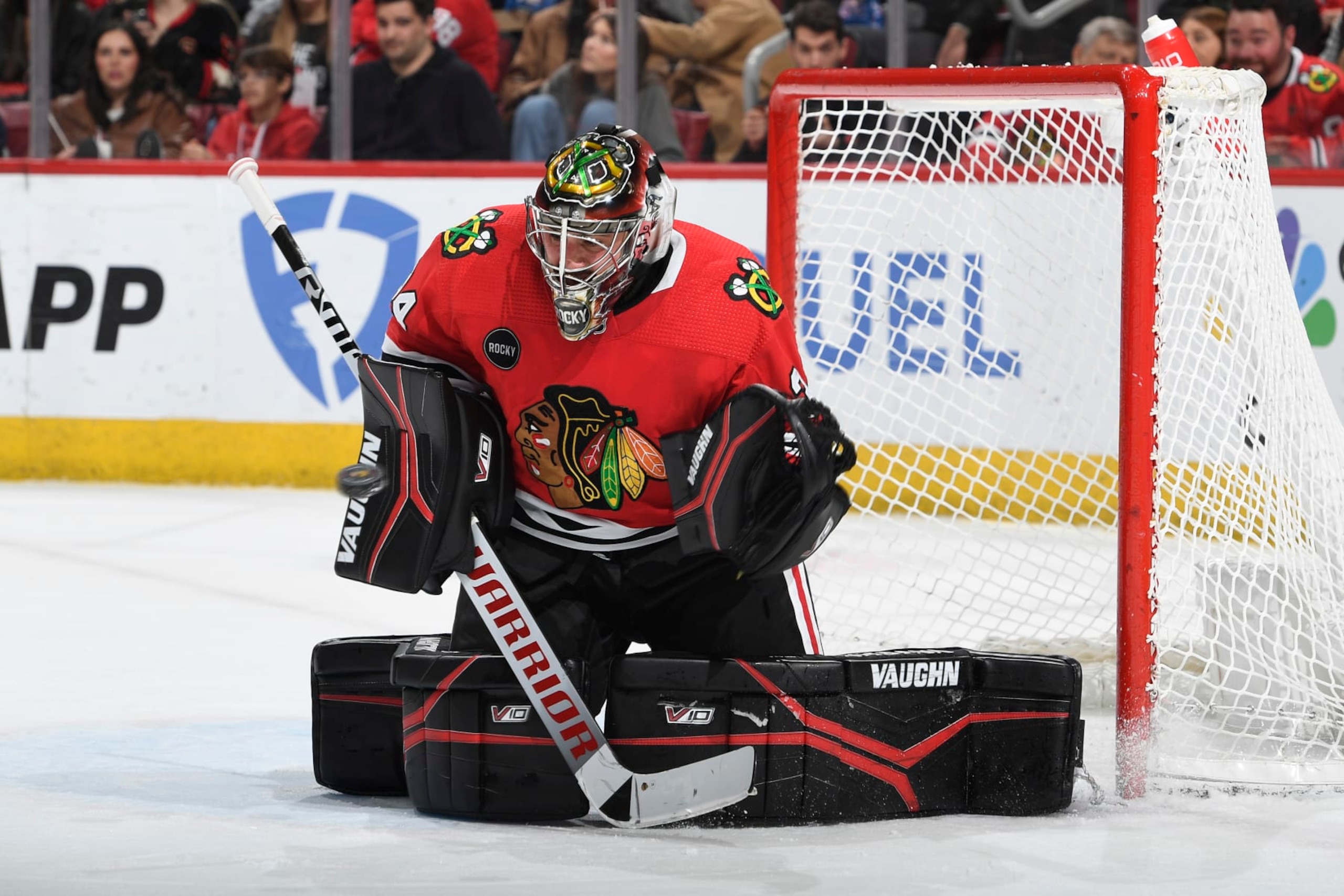 CHICAGO, ILLINOIS - FEBRUARY 17: Goalie Petr Mrazek #34 of the Chicago Blackhawks eyes the puck in the second period against the Ottawa Senators at the United Center on February 17, 2024 in Chicago, Illinois. (Photo by Bill Smith/NHLI via Getty Images)