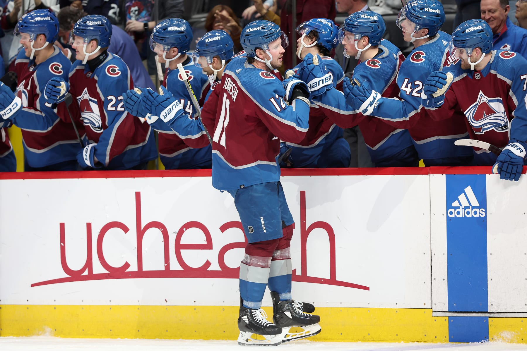 DENVER, COLORADO - FEBRUARY 20: Ryan Johansen #12 of the Colorado Avalanche celebrates with his teammates after scoring against the Vancouver Canucks in the third period at Ball Arena on February 20, 2024 in Denver, Colorado. (Photo by Matthew Stockman/Getty Images)