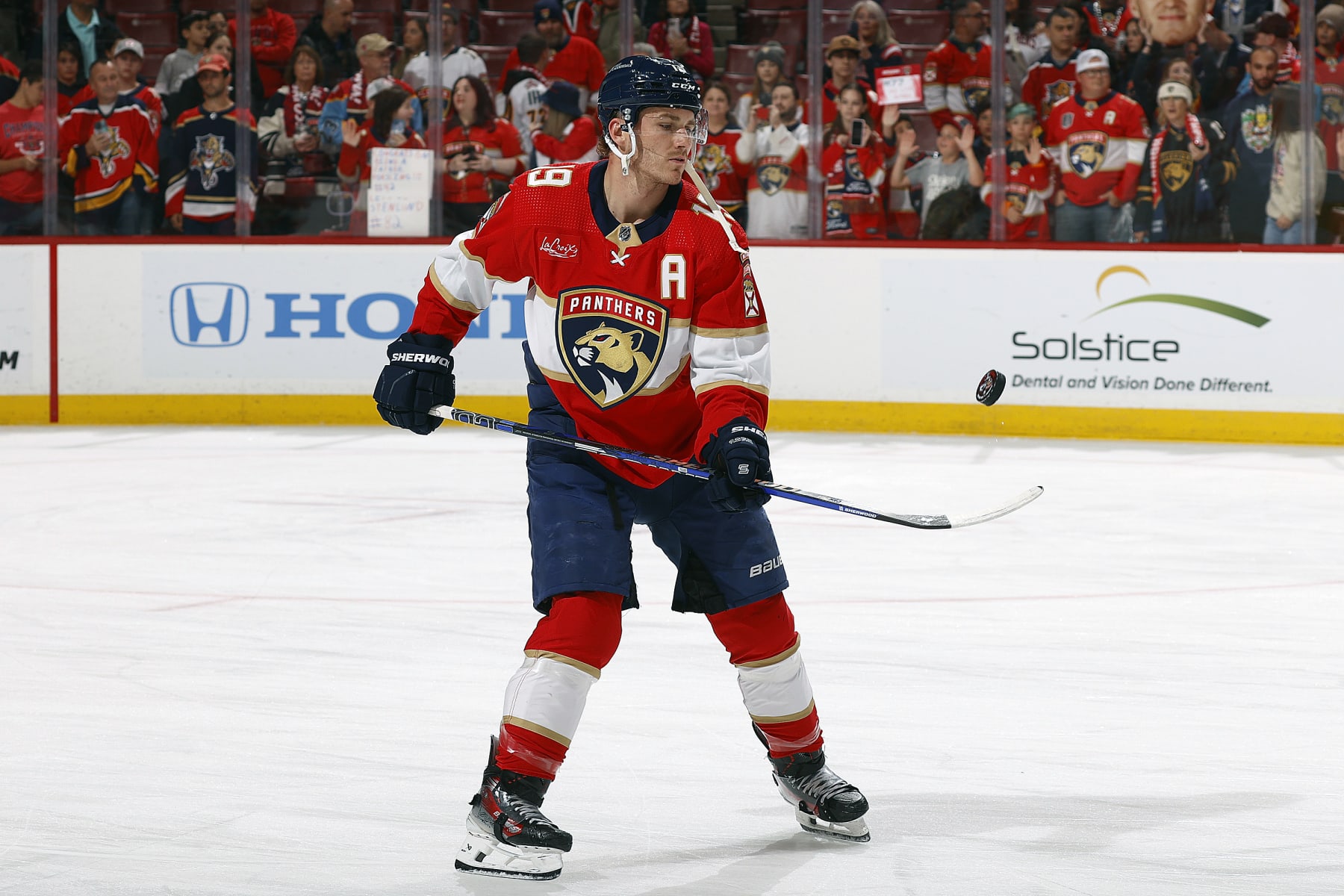SUNRISE, FLORIDA - FEBRUARY10: Matthew Tkachuk #19 of the Florida Panthers skates the ice during warm ups prior to the start of their game against the Colorado Avalanche at the Amerant Bank Arena on February 10, 2024 in Sunrise, Florida. (Photo by Eliot J. Schechter/NHLI via Getty Images)