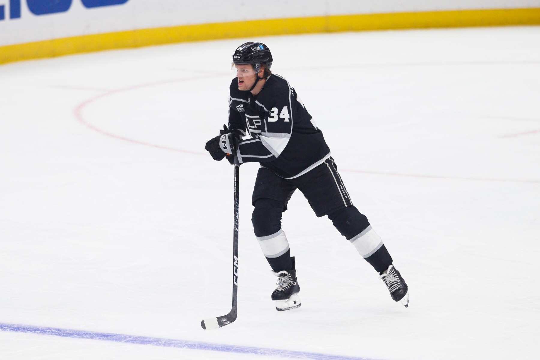 LOS ANGELES, CA - DECEMBER 20: Los Angeles Kings right wing Arthur Kaliyev (34) skates during an NHL hockey game against the Seattle Kraken on December 20, 2023 at Crypto.com Arena in Los Angeles, CA. (Photo by Ric Tapia/Icon Sportswire via Getty Images)