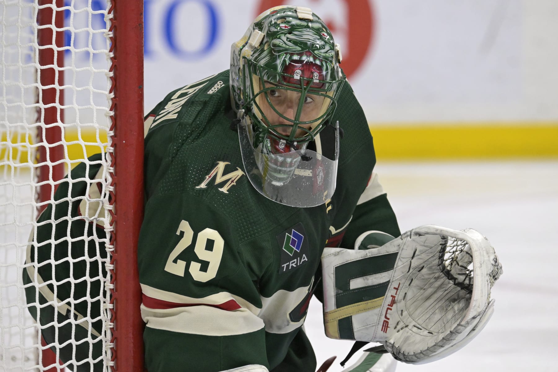 ST. PAUL, MN - JANUARY 15: Minnesota Wild Goalie Marc-Andre Fleury (29) follows the play during an NHL game between the Minnesota Wild and New York Islanders on January 15, 2024, at Xcel Energy Center in St. Paul, MN.(Photo by Nick Wosika/Icon Sportswire via Getty Images)
