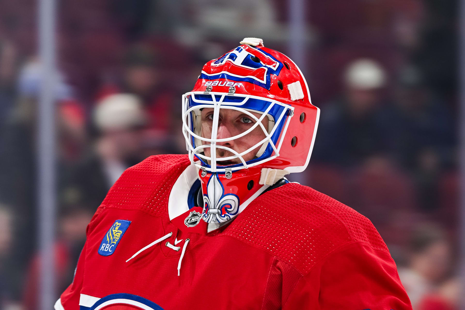 MONTREAL, QC - FEBRUARY 21: Look on Montreal Canadiens goalie Jake Allen (34) during warm-up before the Buffalo Sabres versus the Montreal Canadiens game on February 21, 2024, at Bell Centre in Montreal, QC (Photo by David Kirouac/Icon Sportswire via Getty Images)