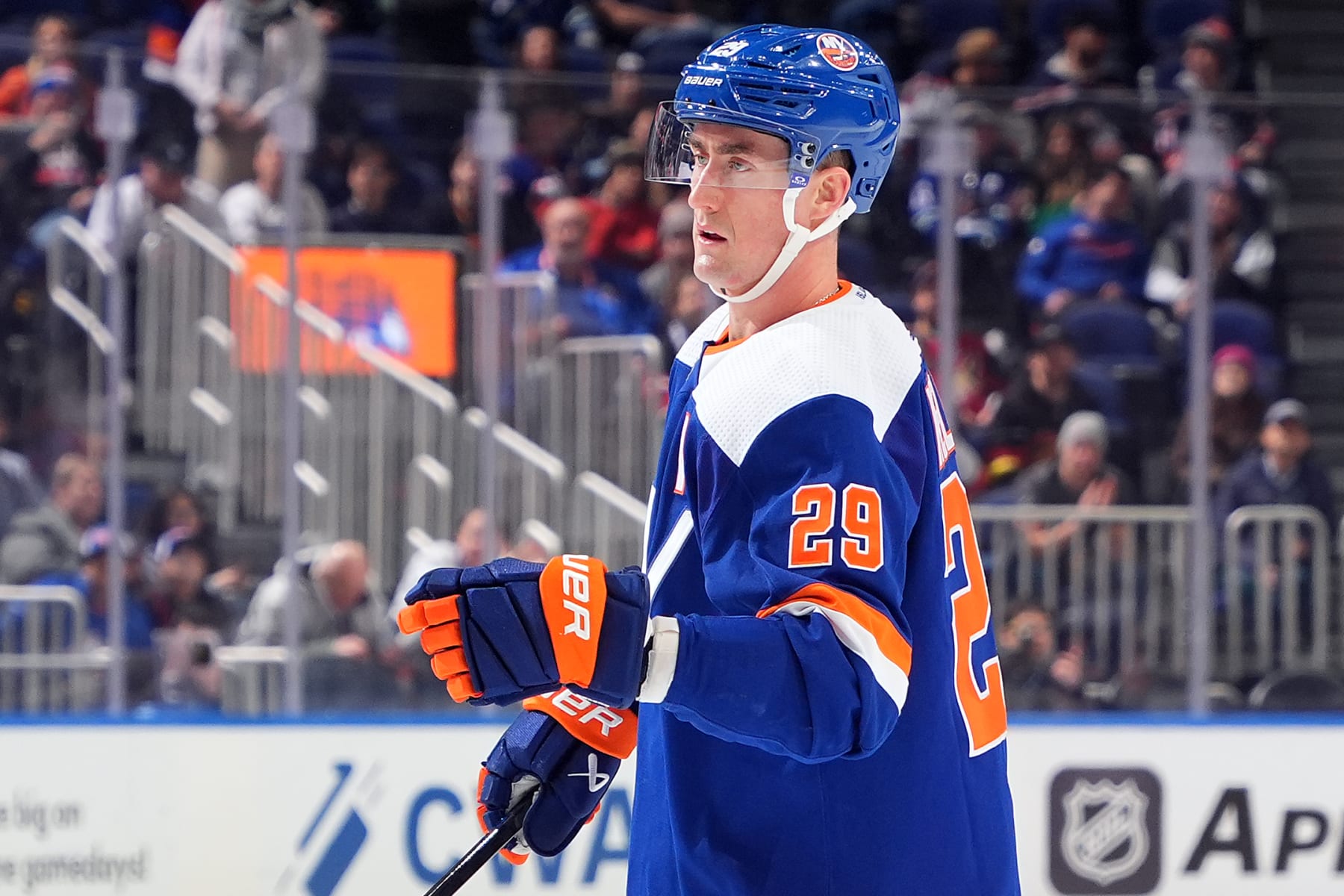 ELMONT, NEW YORK - JANUARY 09:  Brock Nelson #29 of the New York Islanders celebrates after scoring a goal against the Vancouver Canucks during the third period at UBS Arena on January 09, 2024 in Elmont, New York. (Photo by Mike Stobe/NHLI via Getty Images)