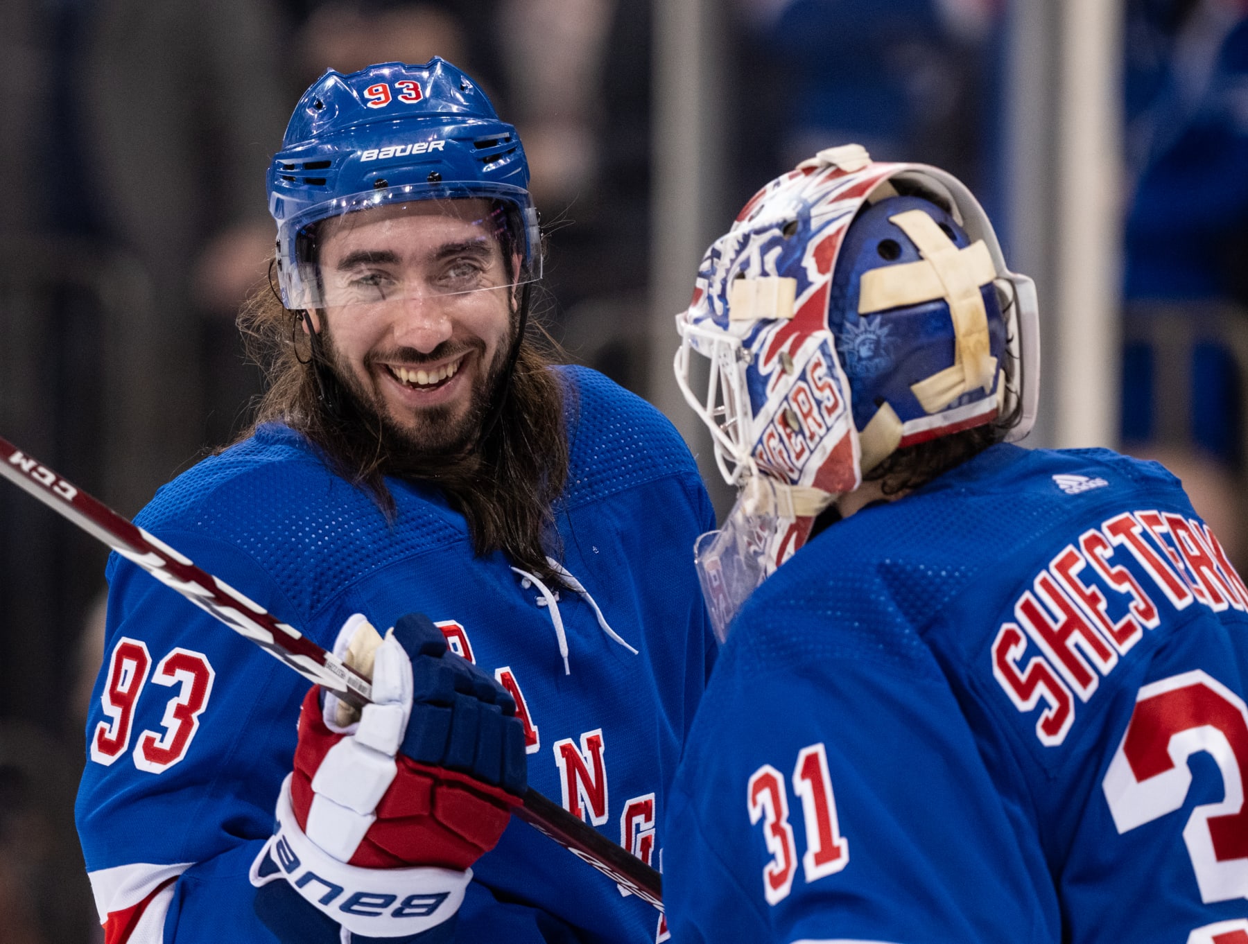 NEW YORK, NEW YORK - JANUARY 04: Mika Zibanejad #93 and Igor Shesterkin #31 of the New York Rangers celebrate a win over the Chicago Blackhawks at Madison Square Garden on January 04, 2024 in New York City. (Photo by Michael Mooney/NHLI via Getty Images)