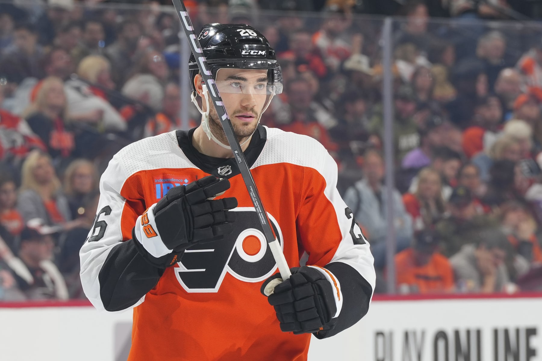 PHILADELPHIA, PENNSYLVANIA - FEBRUARY 10: Sean Walker #26 of the Philadelphia Flyers looks on against the Seattle Kraken at the Wells Fargo Center on February 10, 2024 in Philadelphia, Pennsylvania. The Flyers defeated the Kraken 3-2. (Photo by Mitchell Leff/Getty Images)