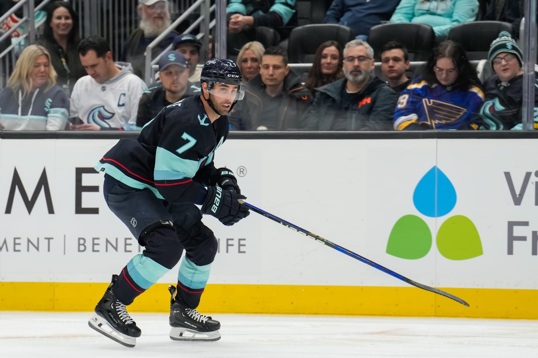 SEATTLE, WASHINGTON - JANUARY 26: Jordan Eberle #7 of the Seattle Kraken skates during the third period of a game against the St. Louis Blues at Climate Pledge Arena on January 26, 2024 in Seattle, Washington. (Photo by Christopher Mast/NHLI via Getty Images)