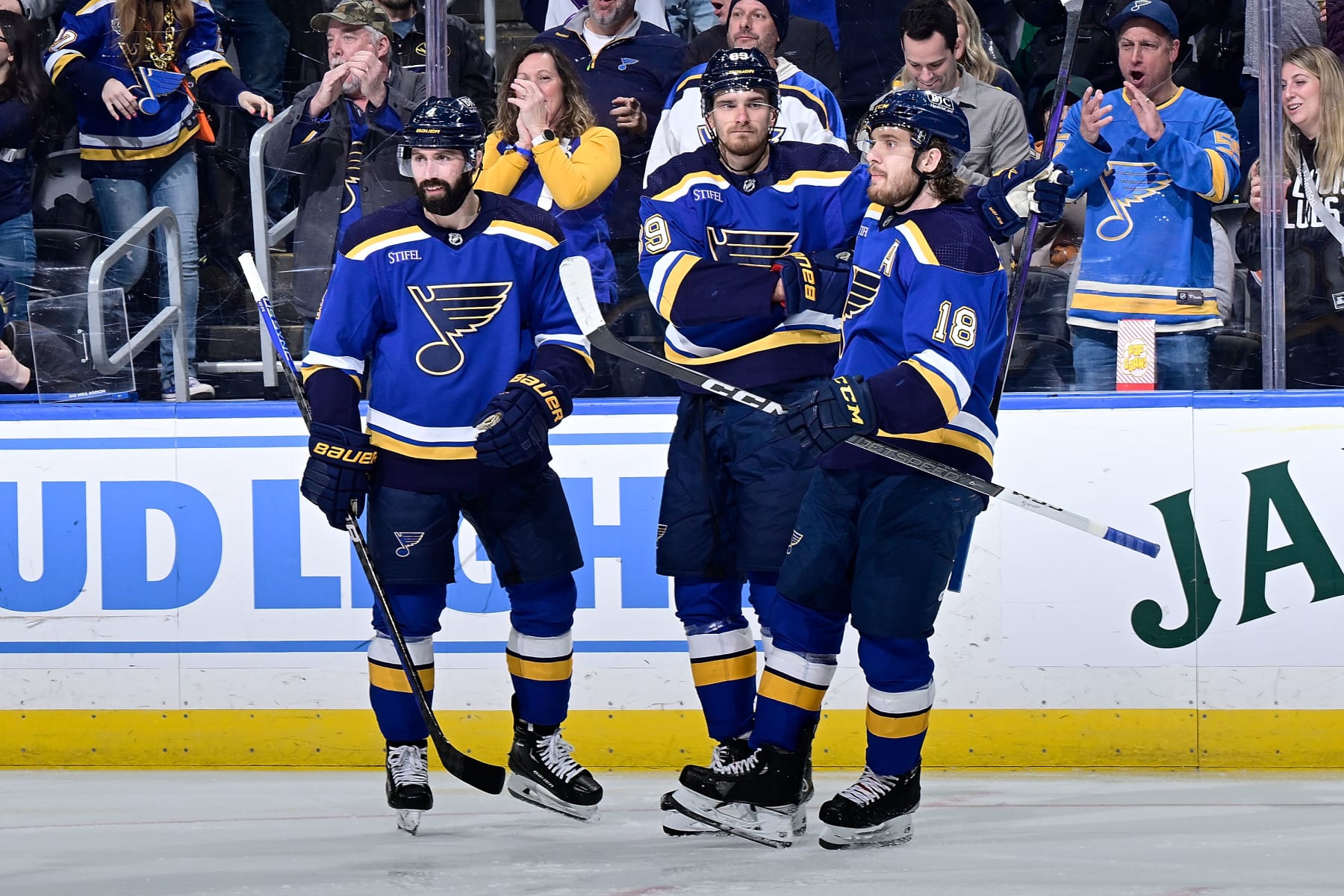 ST. LOUIS, MO - FEBRUARY 22: Pavel Buchnevich #89 of the St. Louis Blues is congratulated after scoring a goal against the New York Islanders on February 22, 2024 at the Enterprise Center in St. Louis, Missouri. (Photo by Scott Rovak/NHLI via Getty Images)