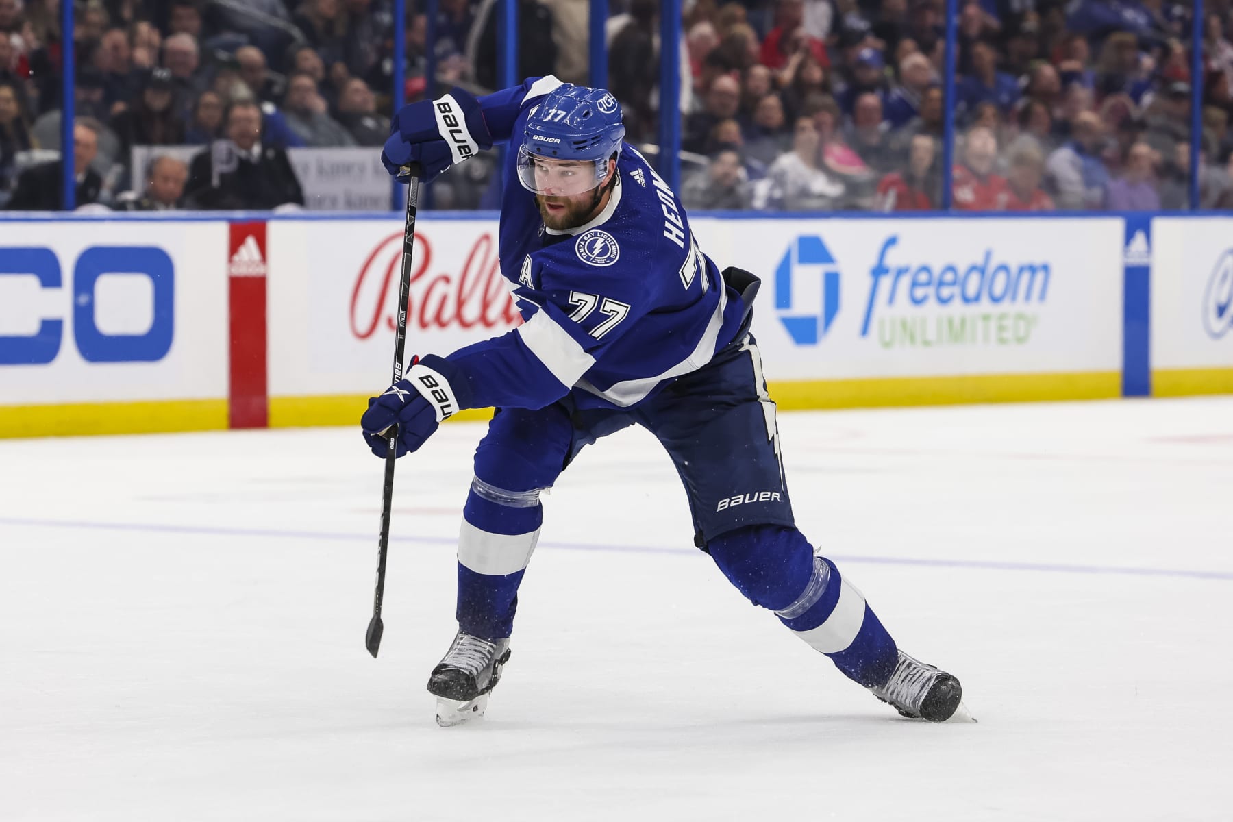 TAMPA, FL - FEBRUARY 22: Victor Hedman #77 of the Tampa Bay Lightning against the Washington Capitals during the third period at Amalie Arena on February 22, 2024 in Tampa, Florida. (Photo by Mark LoMoglio/NHLI via Getty Images)
