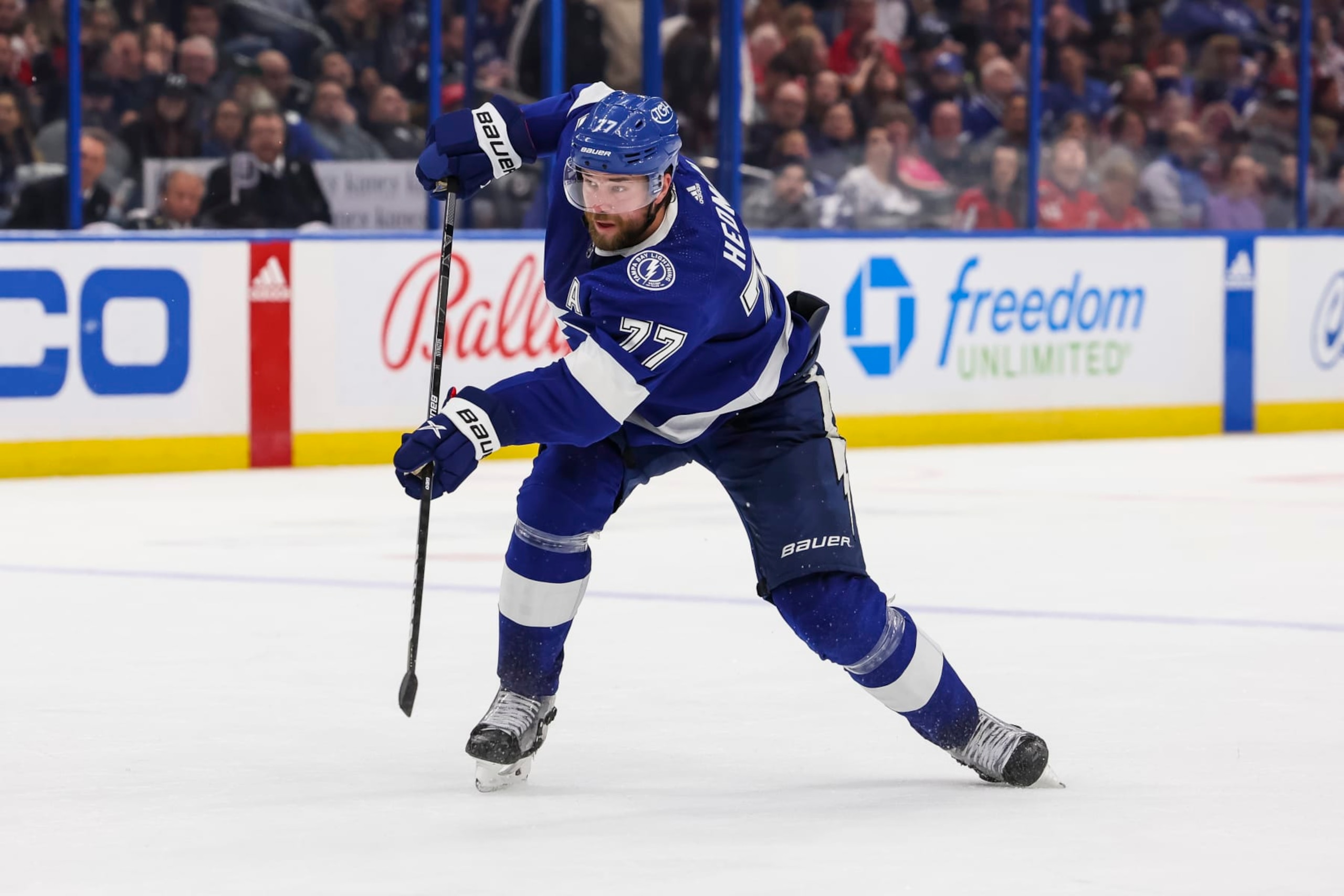 TAMPA, FL - FEBRUARY 22: Victor Hedman #77 of the Tampa Bay Lightning against the Washington Capitals during the third period at Amalie Arena on February 22, 2024 in Tampa, Florida. (Photo by Mark LoMoglio/NHLI via Getty Images)