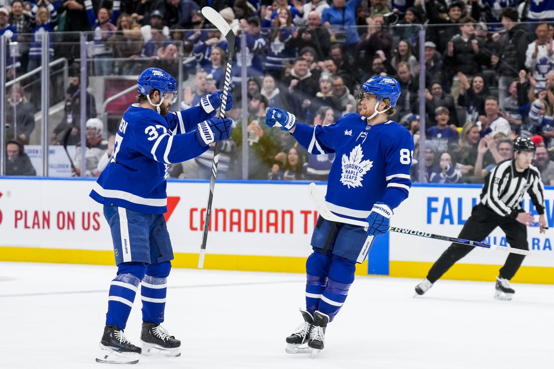 TORONTO, ON - FEBRUARY 17: William Nylander #88 of the Toronto Maple Leafs celebrates his goal against the Anaheim Ducks with teammate Timothy Liljegren #37 during the first period at Scotiabank Arena on February 17, 2024 in Toronto, Ontario, Canada. (Photo by Andrew Lahodynskyj/NHLI via Getty Images)