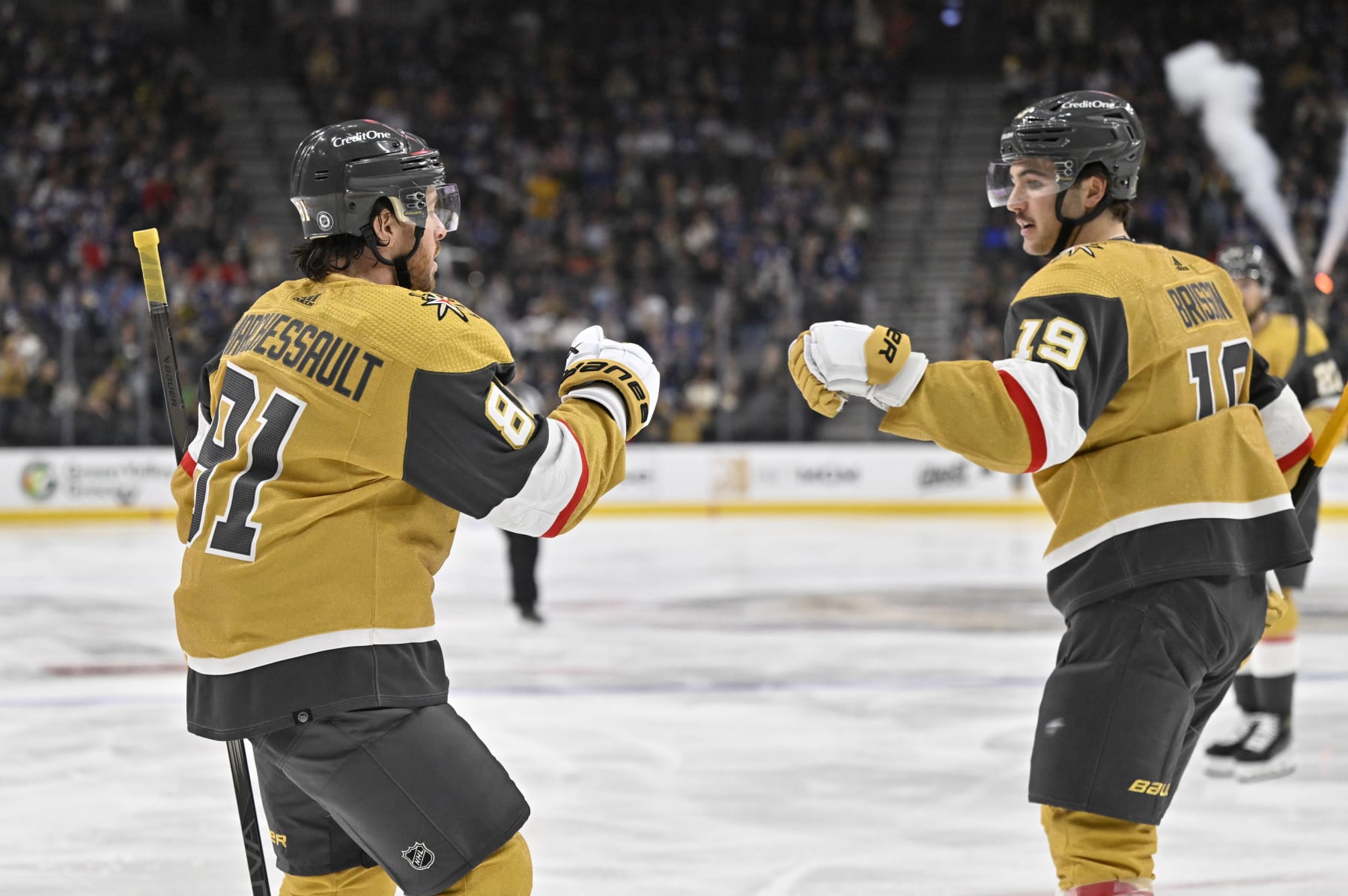 LAS VEGAS, NEVADA - FEBRUARY 22: Jonathan Marchessault #81 of the Vegas Golden Knights celebrates with teammates after a goal during the third period against the Toronto Maple Leafs at T-Mobile Arena on February 22, 2024 in Las Vegas, Nevada. (Photo by David Becker/NHLI via Getty Images)