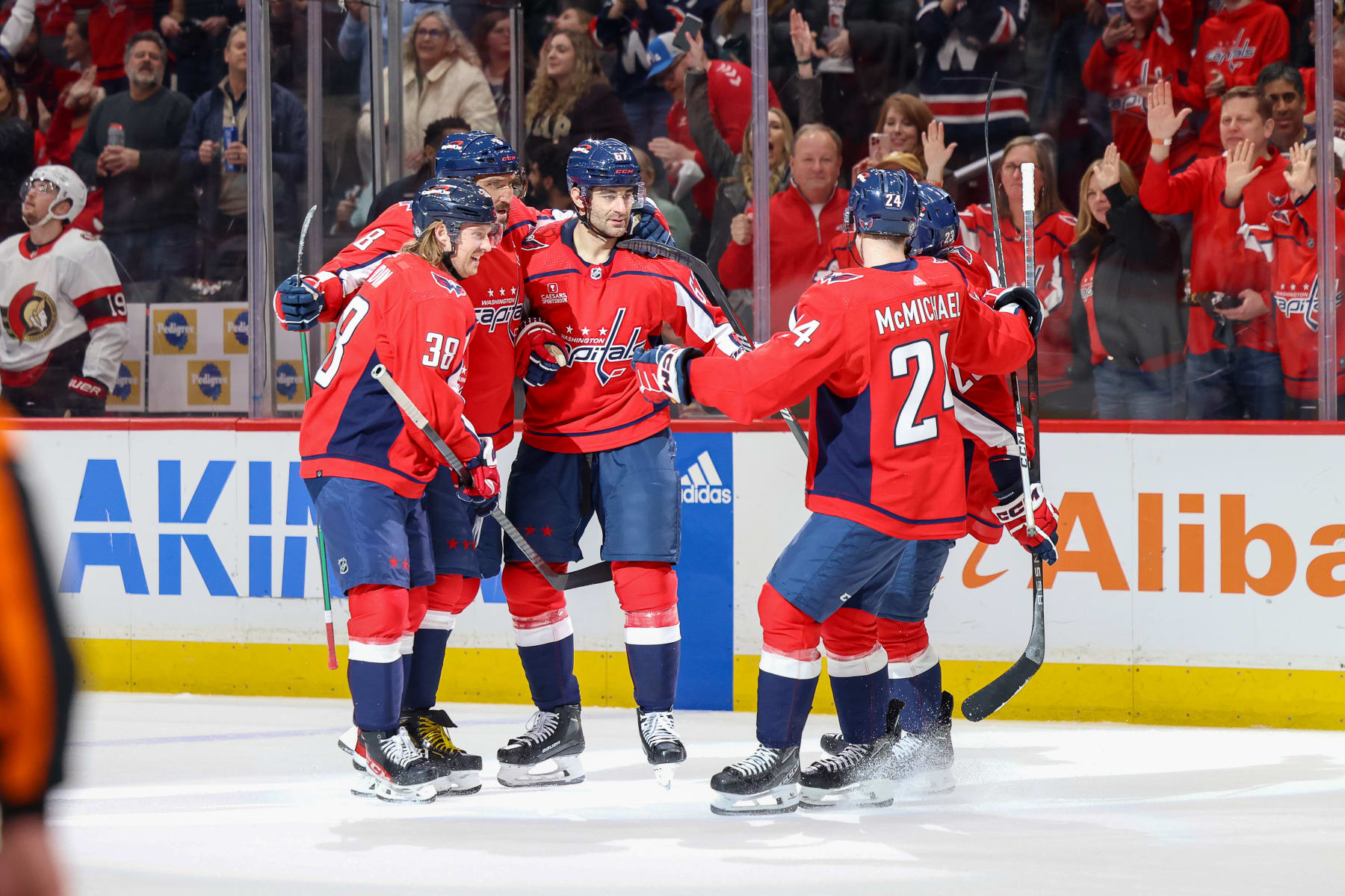WASHINGTON, DC - FEBRUARY 26: Max Pacioretty #67 of the Washington Capitals celebrates a goal in the first period against the Ottawa Senators  at Capital One Arena on February 26, 2024 in Washington, D.C. (Photo by John McCreary/NHLI via Getty Images)