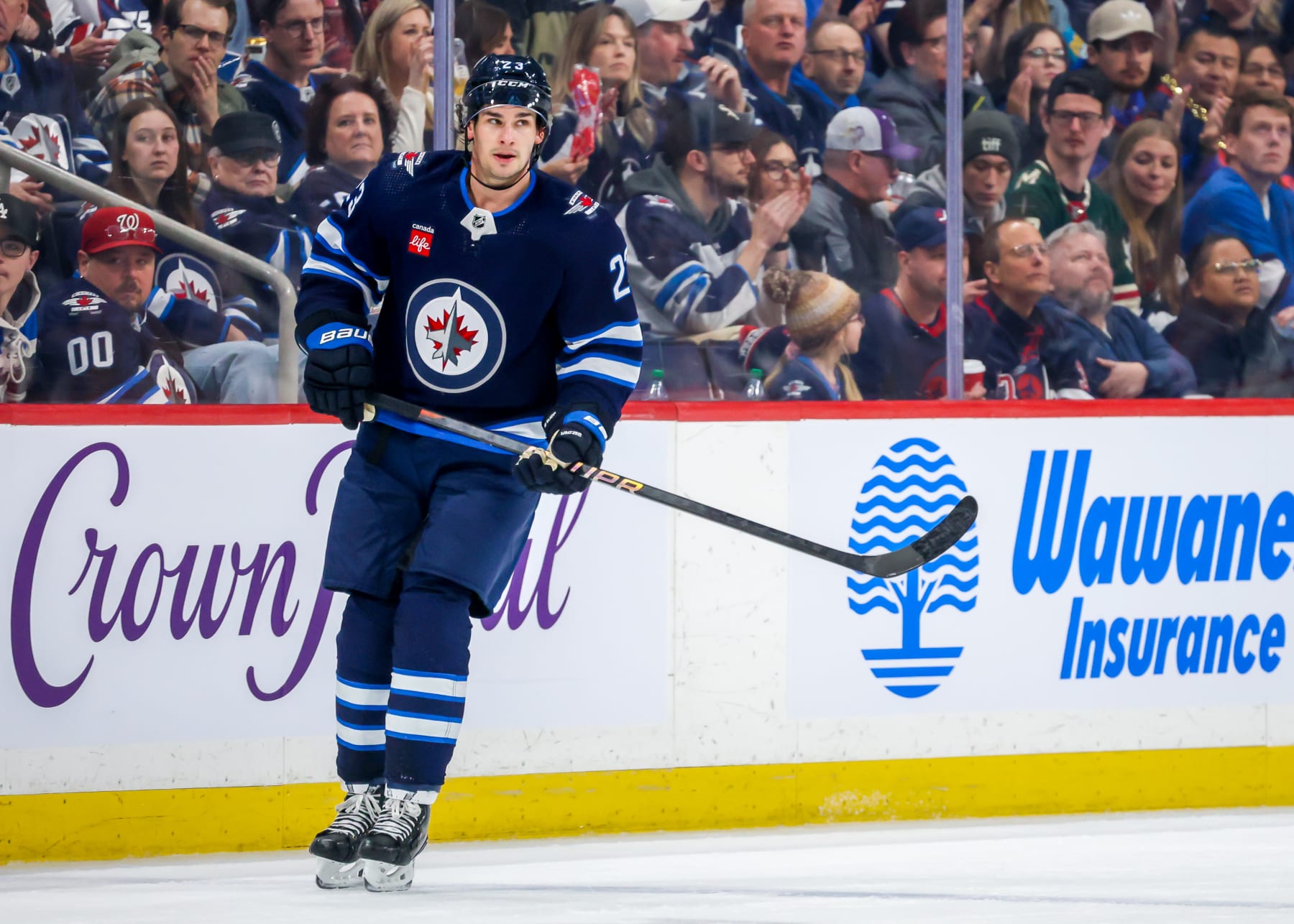 WINNIPEG, CANADA - FEBRUARY 20: Sean Monahan #23 of the Winnipeg Jets skates during second period action against the Minnesota Wild at Canada Life Centre on February 20, 2024 in Winnipeg, Manitoba, Canada. (Photo by Jonathan Kozub/NHLI via Getty Images)
