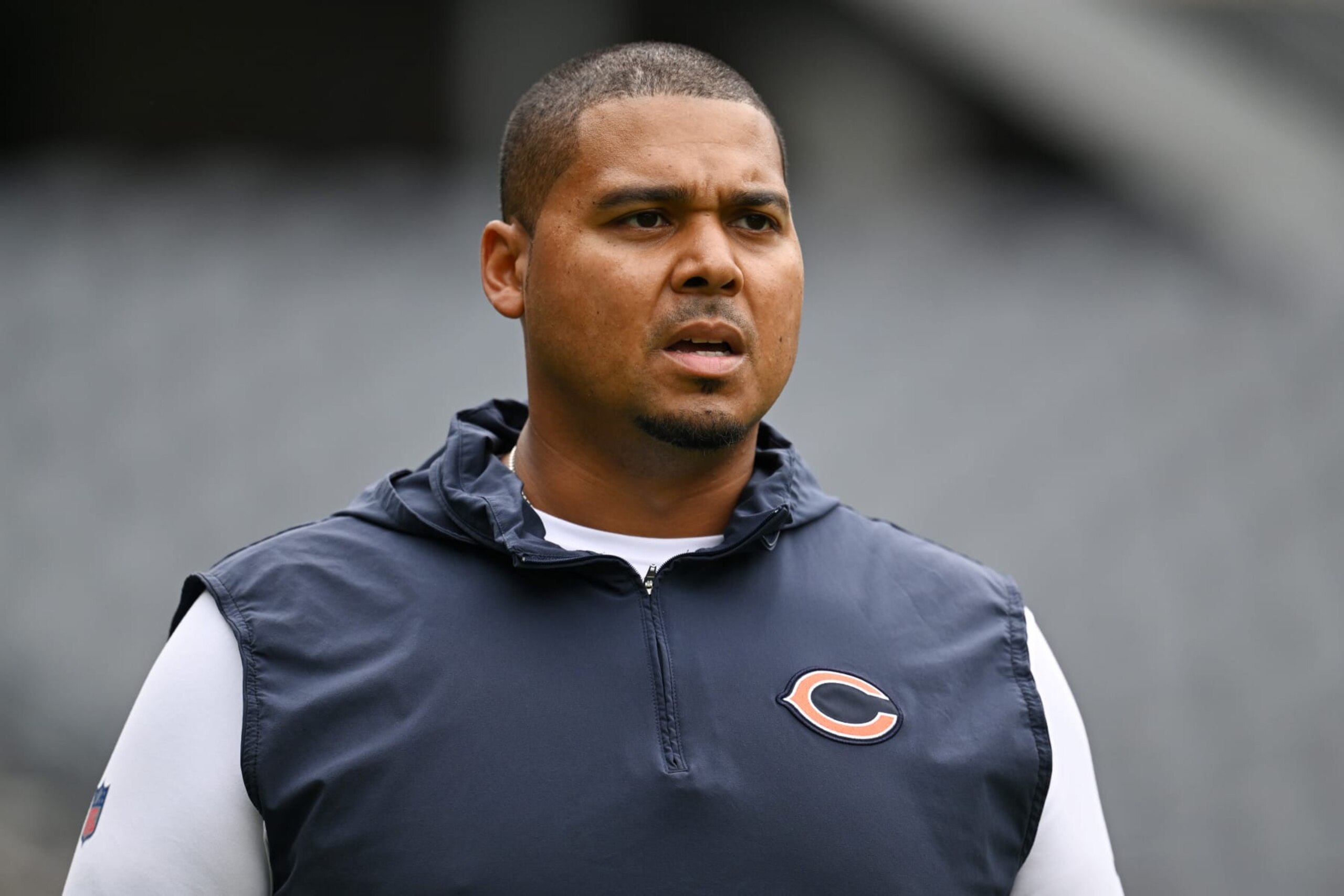 CHICAGO, ILLINOIS - AUGUST 26: : General manager Ryan Poles looks on before the preseason game between the Chicago Bears and the Buffalo Bills at Soldier Field on August 26, 2023 in Chicago, Illinois. (Photo by Quinn Harris/Getty Images)