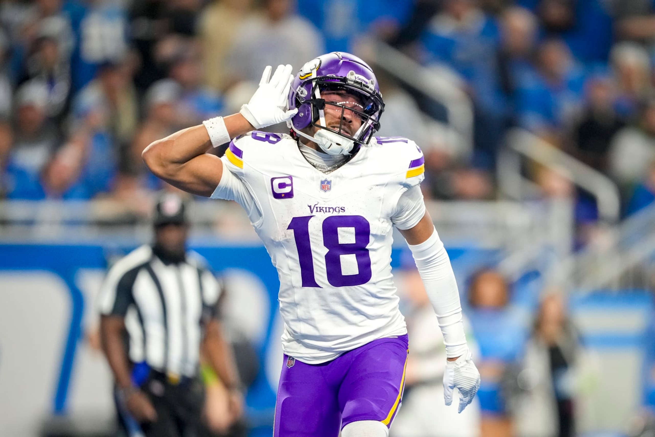 DETROIT, MICHIGAN - JANUARY 07: Justin Jefferson #18 of the Minnesota Vikings celebrates after a touchdown during the third quarter in the game against the Detroit Lions at Ford Field on January 07, 2024 in Detroit, Michigan. (Photo by Nic Antaya/Getty Images) DETROIT, MICHIGAN - JANUARY 07: Justin Jefferson #18 of the Minnesota Vikings celebrates after a touchdown during the third quarter in the game against the Detroit Lions at Ford Field on January 07, 2024 in Detroit, Michigan. (Photo by Nic Antaya/Getty Images)
