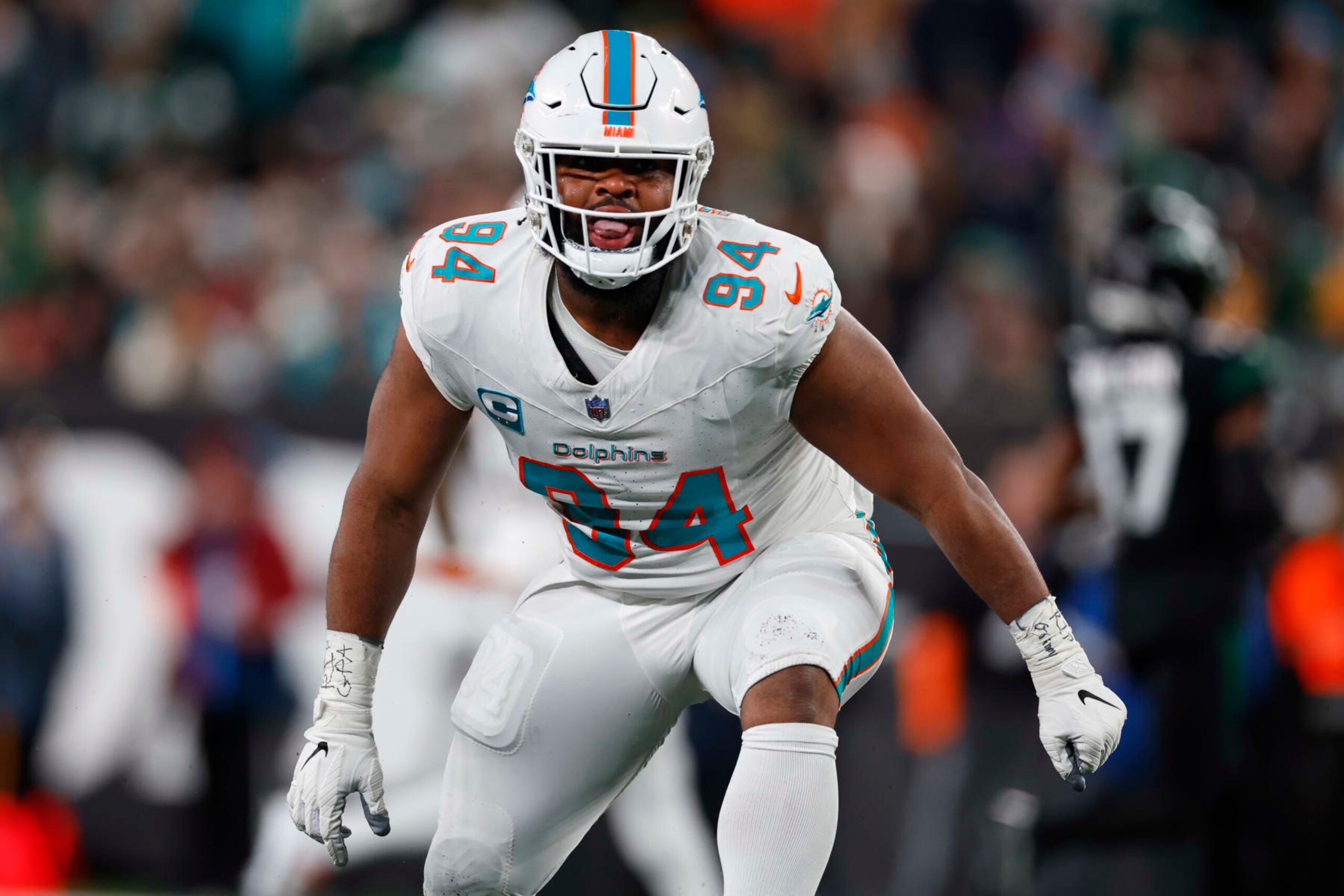 EAST RUTHERFORD, NEW JERSEY - NOVEMBER 24: Defensive tackle Christian Wilkins #94 of the Miami Dolphins in action against the New York Jets during a football game at MetLife Stadium on November 24, 2023 in East Rutherford, New Jersey. (Photo by Rich Schultz/Getty Images)