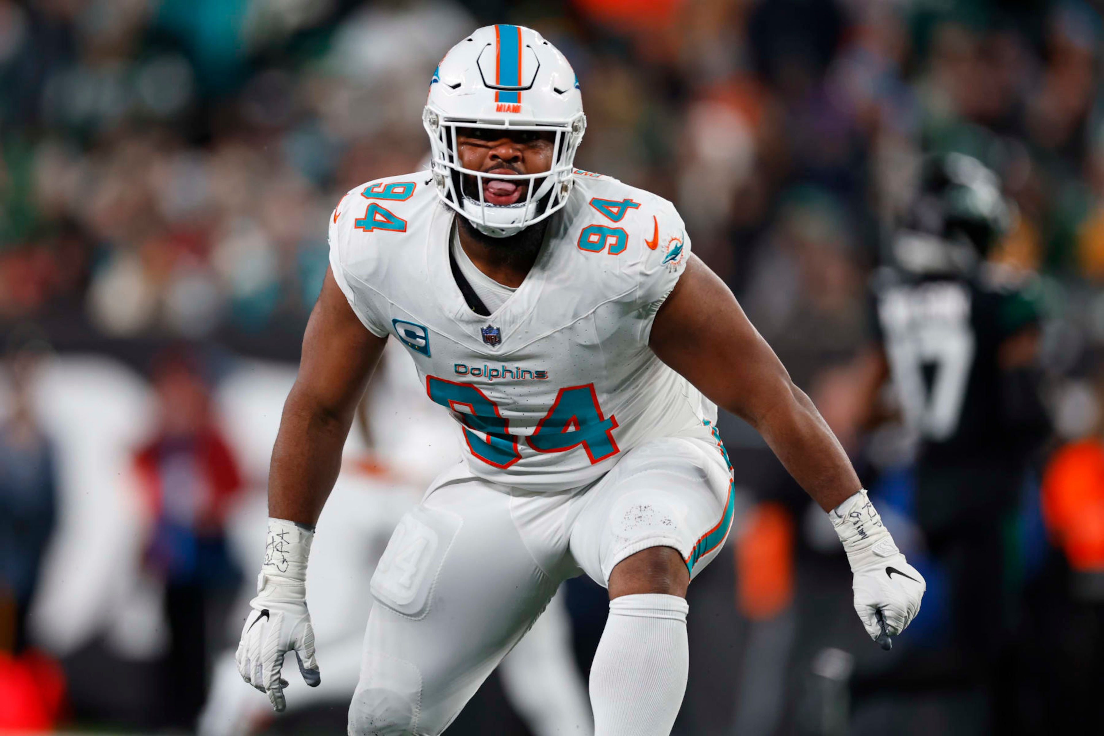 EAST RUTHERFORD, NEW JERSEY - NOVEMBER 24: Defensive tackle Christian Wilkins #94 of the Miami Dolphins in action against the New York Jets during a football game at MetLife Stadium on November 24, 2023 in East Rutherford, New Jersey. (Photo by Rich Schultz/Getty Images)