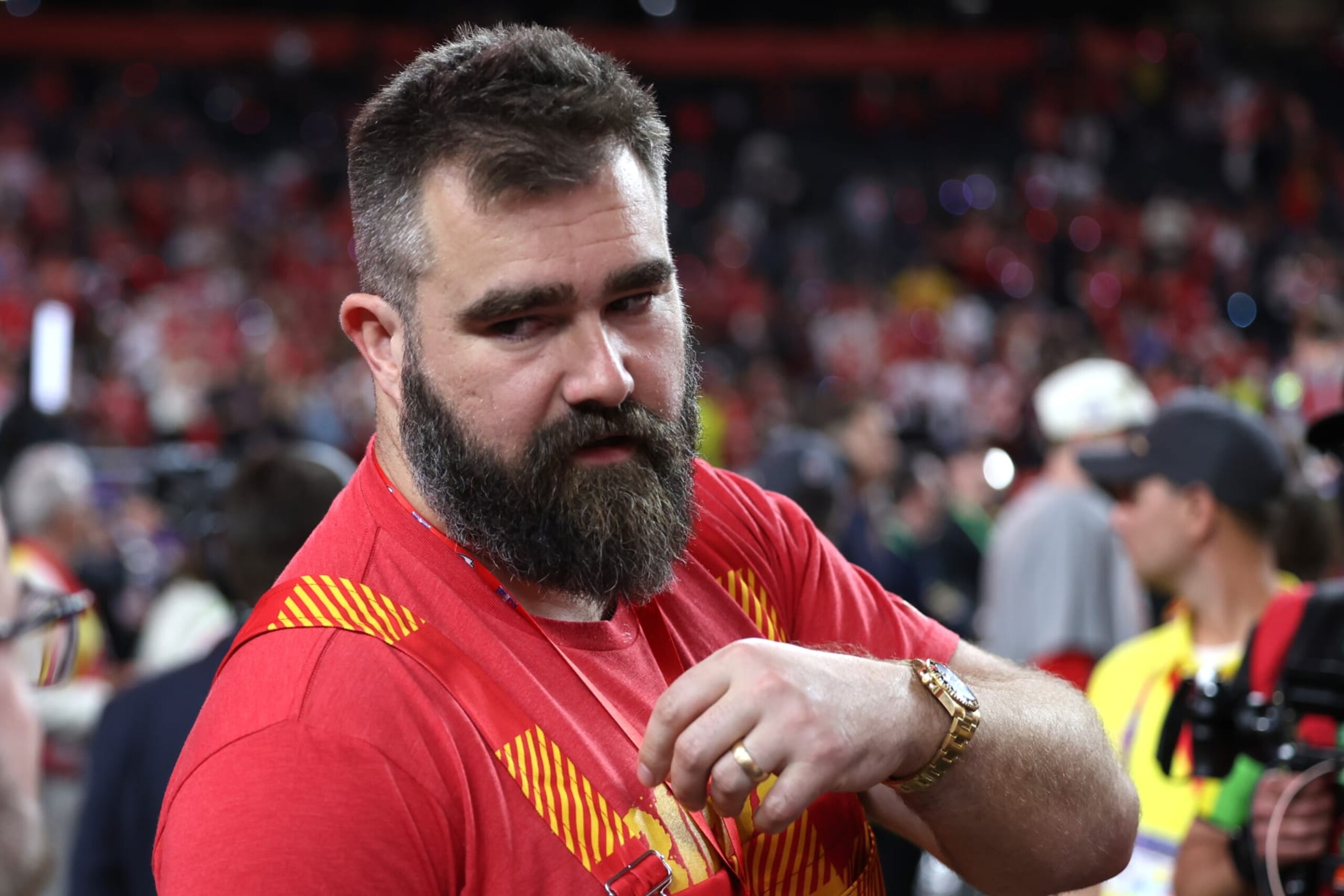 LAS VEGAS, NV - FEBRUARY 11: Jason Kelce stands on the field after Super Bowl LVIII between the Kansas City Chiefs and the San Francisco 49ers at Allegiant Stadium on February 11, 2024 in Las Vegas, NV. (Photo by Perry Knotts/Getty Images)