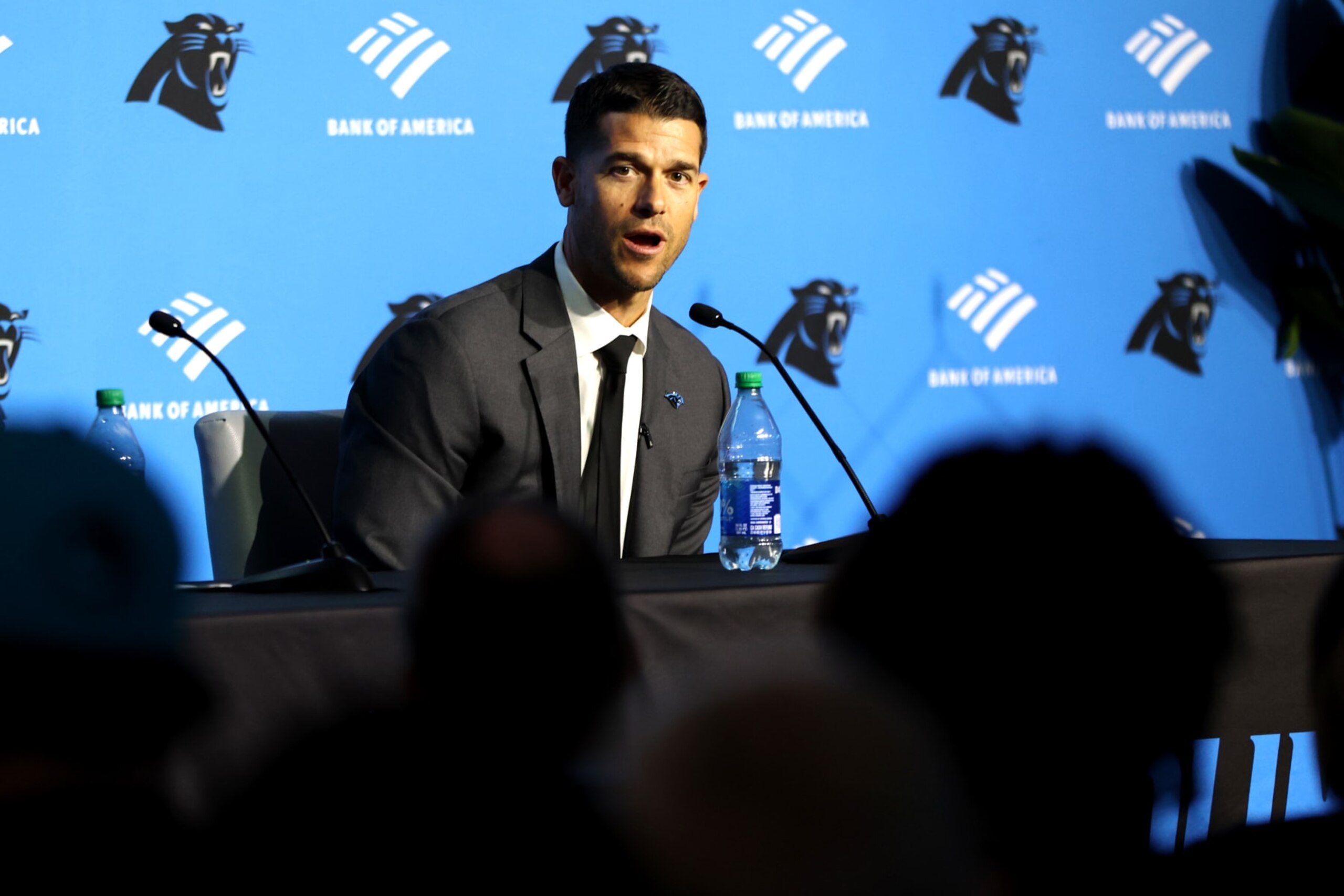 CHARLOTTE, NORTH CAROLINA - FEBRUARY 01: Carolina Panthers Head Coach Dave Canales speaks with the media as the Carolina Panthers introduce Canales as their new Head Coach at Bank of America Stadium on February 01, 2024 in Charlotte, North Carolina. (Photo by David Jensen/Getty Images)