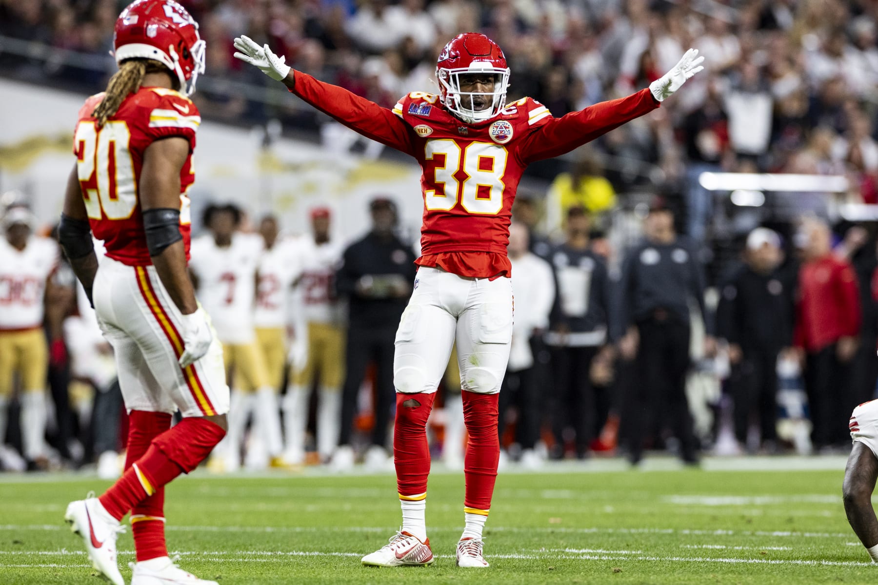LAS VEGAS, NEVADA - FEBRUARY 11: L'Jarius Sneed #38 of the Kansas City Chiefs celebrates during the game against the San Francisco 49ersduring Super Bowl LVIII at Allegiant Stadium on Sunday, February 11, 2024 in Las Vegas, Nevada. (Photo by Lauren Leigh Bacho/Getty Images)