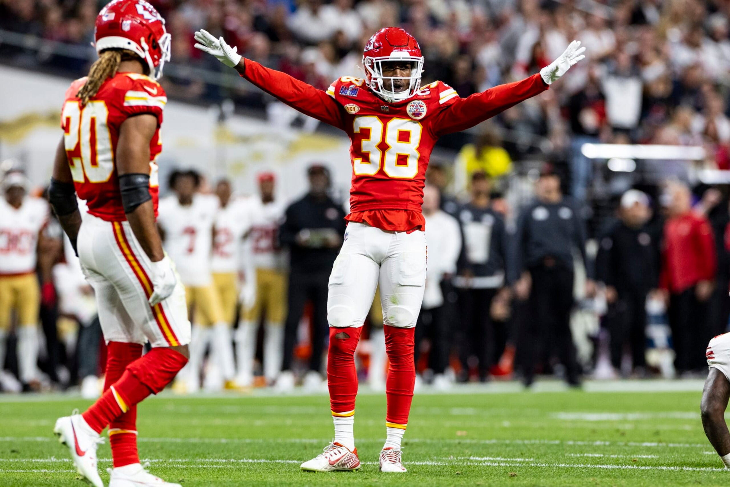 LAS VEGAS, NEVADA - FEBRUARY 11: L'Jarius Sneed #38 of the Kansas City Chiefs celebrates during the game against the San Francisco 49ersduring Super Bowl LVIII at Allegiant Stadium on Sunday, February 11, 2024 in Las Vegas, Nevada. (Photo by Lauren Leigh Bacho/Getty Images)