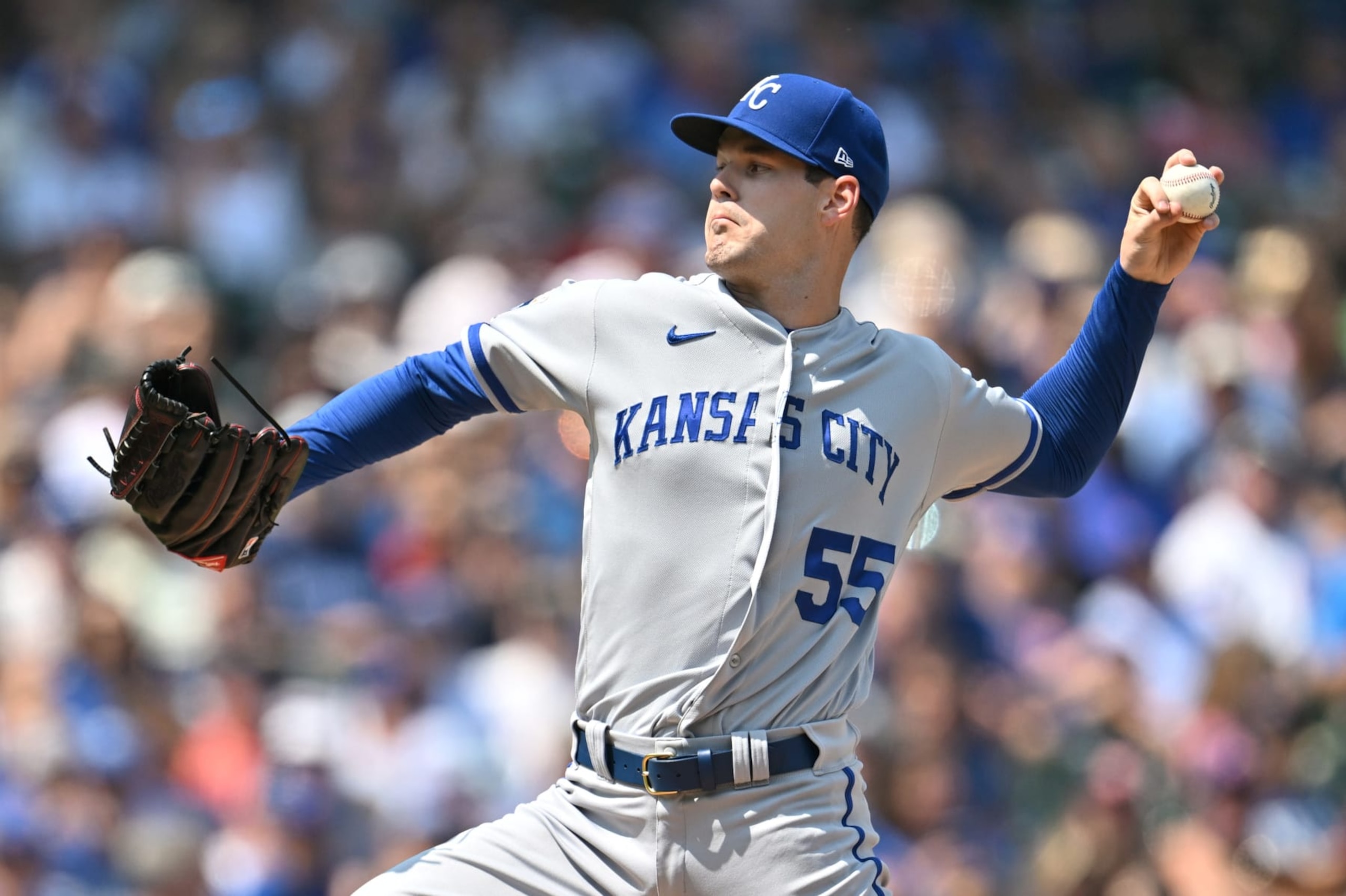 CHICAGO, ILLINOIS - AUGUST 18: Cole Ragans #55 of the Kansas City Royals delivers in the first inning against the Chicago Cubs at Wrigley Field on August 18, 2023 in Chicago, Illinois. (Photo by Quinn Harris/Getty Images)