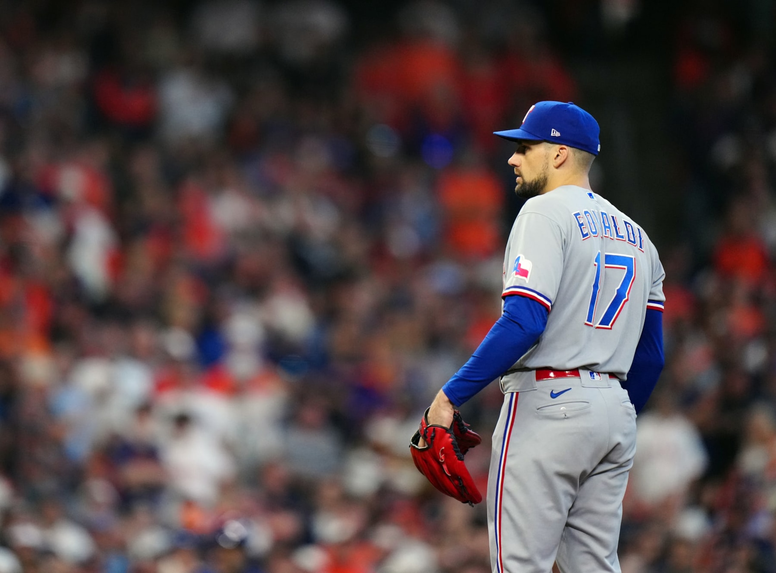 HOUSTON, TX - OCTOBER 16: Nathan Eovaldi #17 of the Texas Rangers is seen on the mound during Game 2 of the ALCS between the Texas Rangers and the Houston Astros at Minute Maid Park on Monday, October 16, 2023 in Houston, Texas. (Photo by Daniel Shirey/MLB Photos via Getty Images)