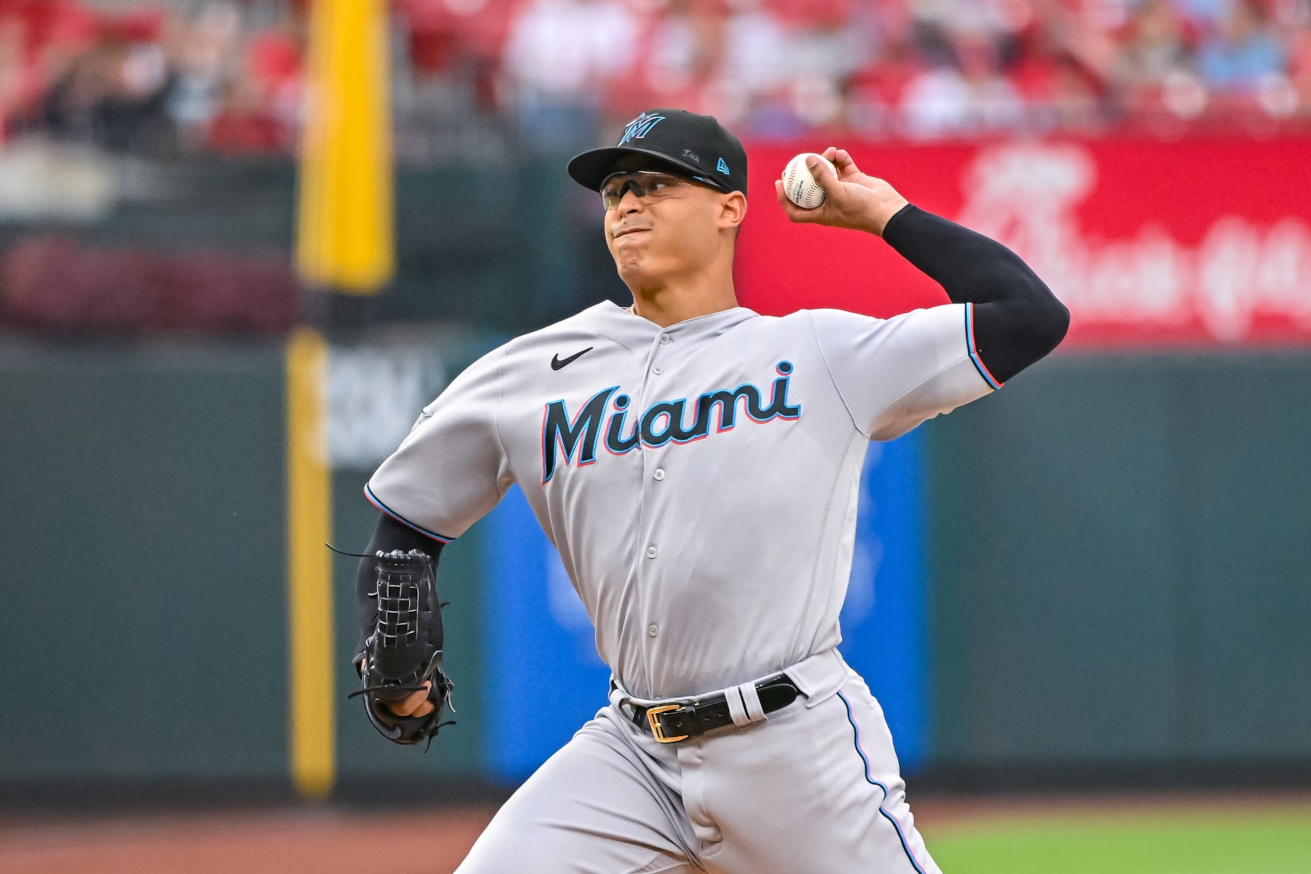ST. LOUIS, MO - JUL 17: Miami Marlins starting pitcher Jesus Luzardo (44) throws a pitch during a game between the Miami Marlins and the St. Louis Cardinals on July 17, 2023, at Busch Stadium in St. Louis MO (Photo by Rick Ulreich/Icon Sportswire via Getty Images)