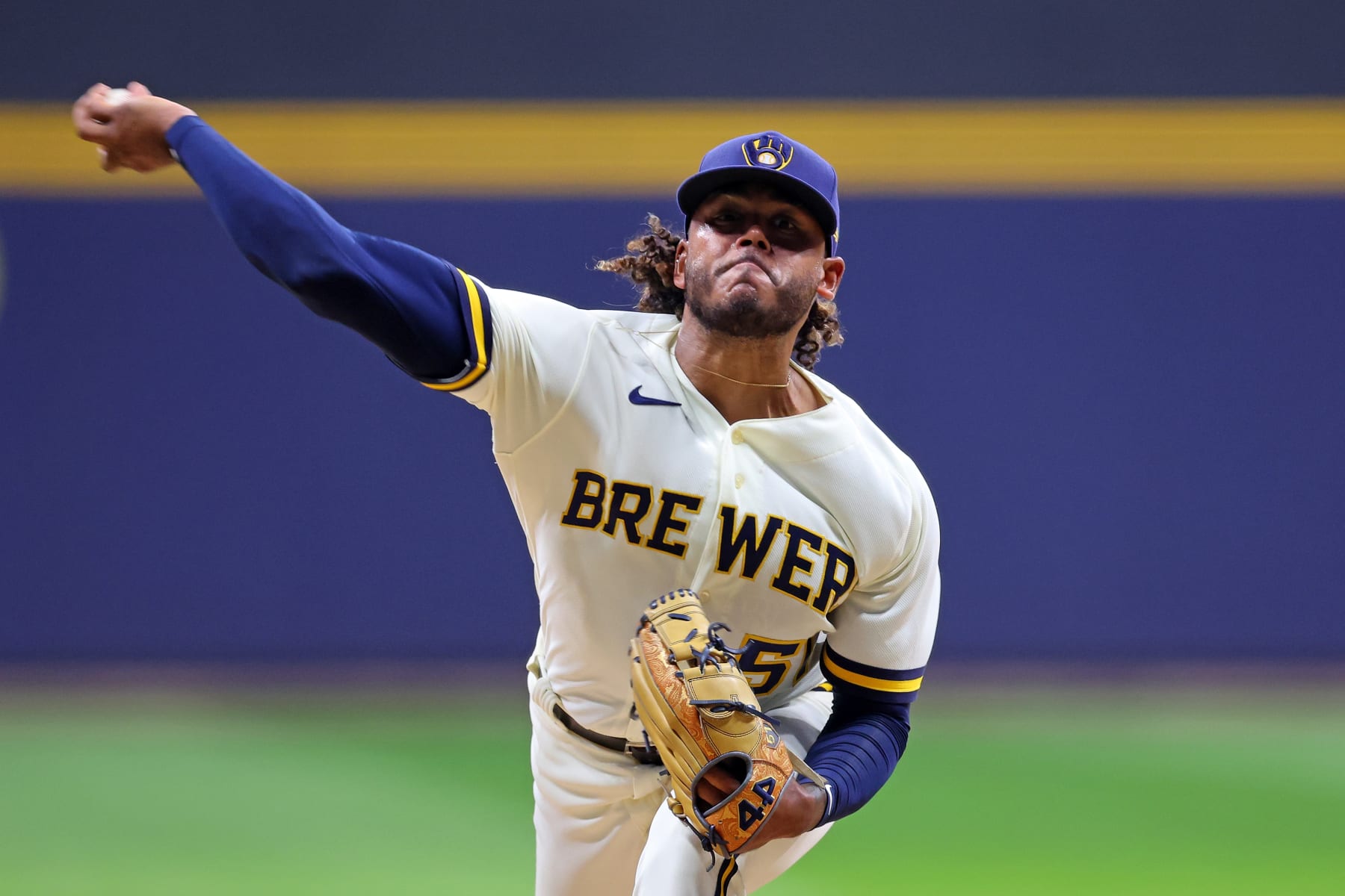 MILWAUKEE, WISCONSIN - SEPTEMBER 12: Freddy Peralta #51 of the Milwaukee Brewers throws a pitch during the third inning against the Miami Marlins at American Family Field on September 12, 2023 in Milwaukee, Wisconsin. (Photo by Stacy Revere/Getty Images)