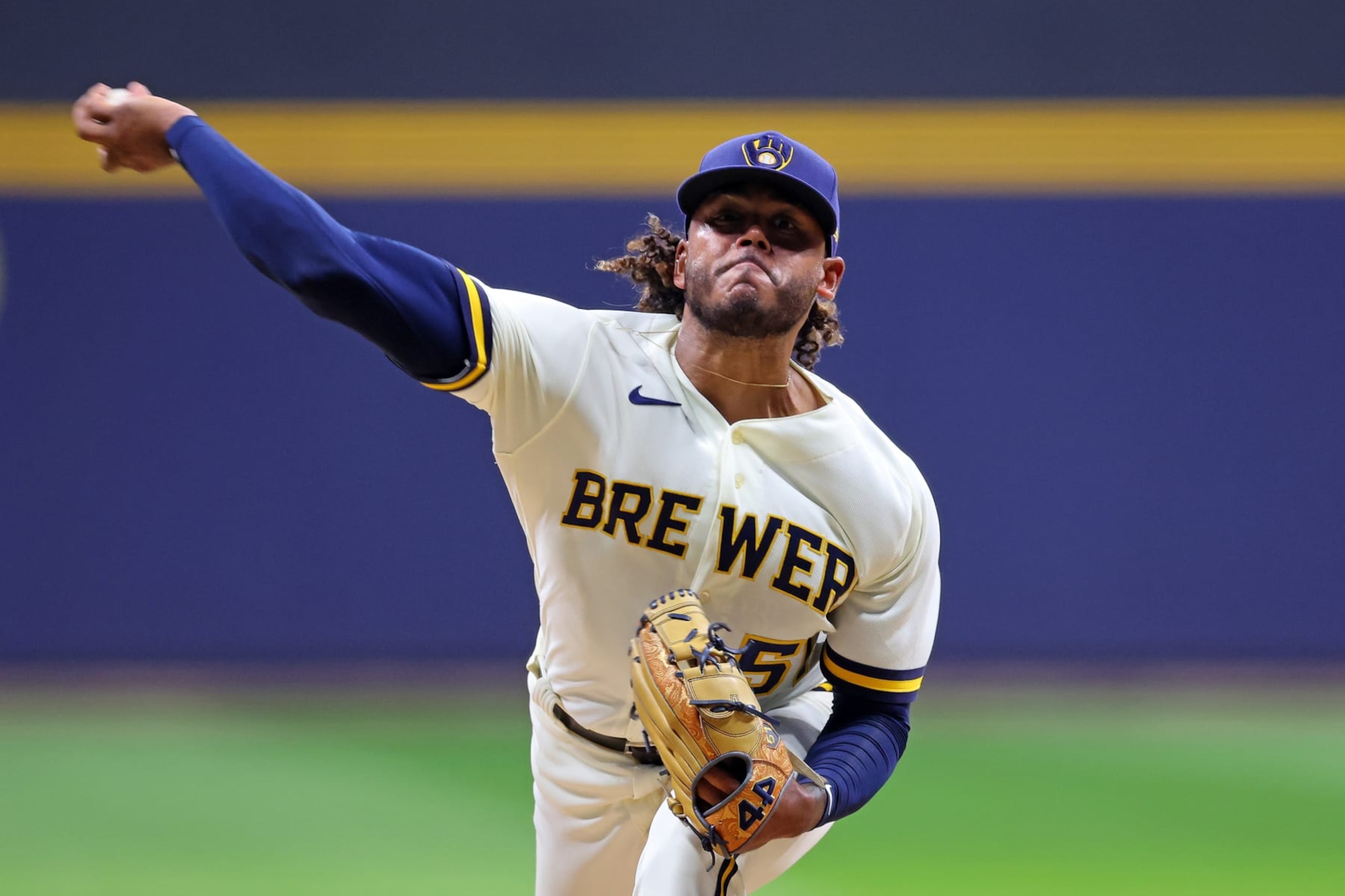 MILWAUKEE, WISCONSIN - SEPTEMBER 12: Freddy Peralta #51 of the Milwaukee Brewers throws a pitch during the third inning against the Miami Marlins at American Family Field on September 12, 2023 in Milwaukee, Wisconsin. (Photo by Stacy Revere/Getty Images)