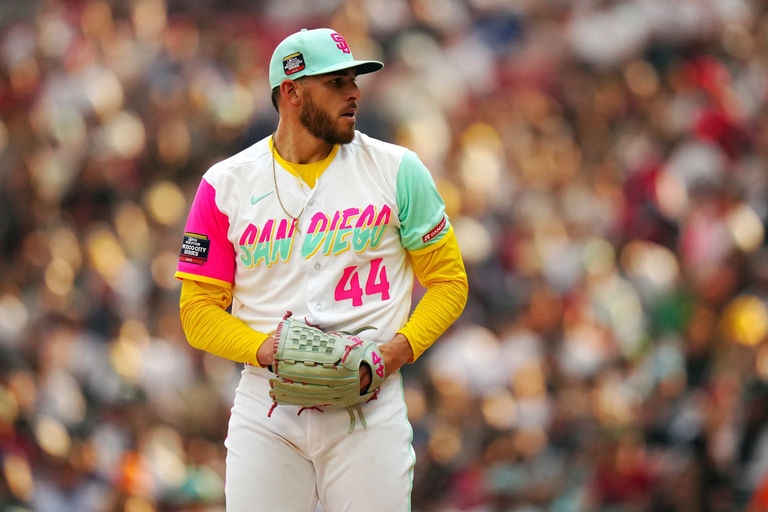 MEXICO CITY, MEXICO - APRIL 29:  Joe Musgrove #44 of the San Diego Padres pitches in the fourth inning during the game between the San Francisco Giants and the San Diego Padres at Alfredo Harp Helú Stadium on Saturday, April 29, 2023 in Mexico City, Mexico. (Photo by Daniel Shirey/MLB Photos via Getty Images)