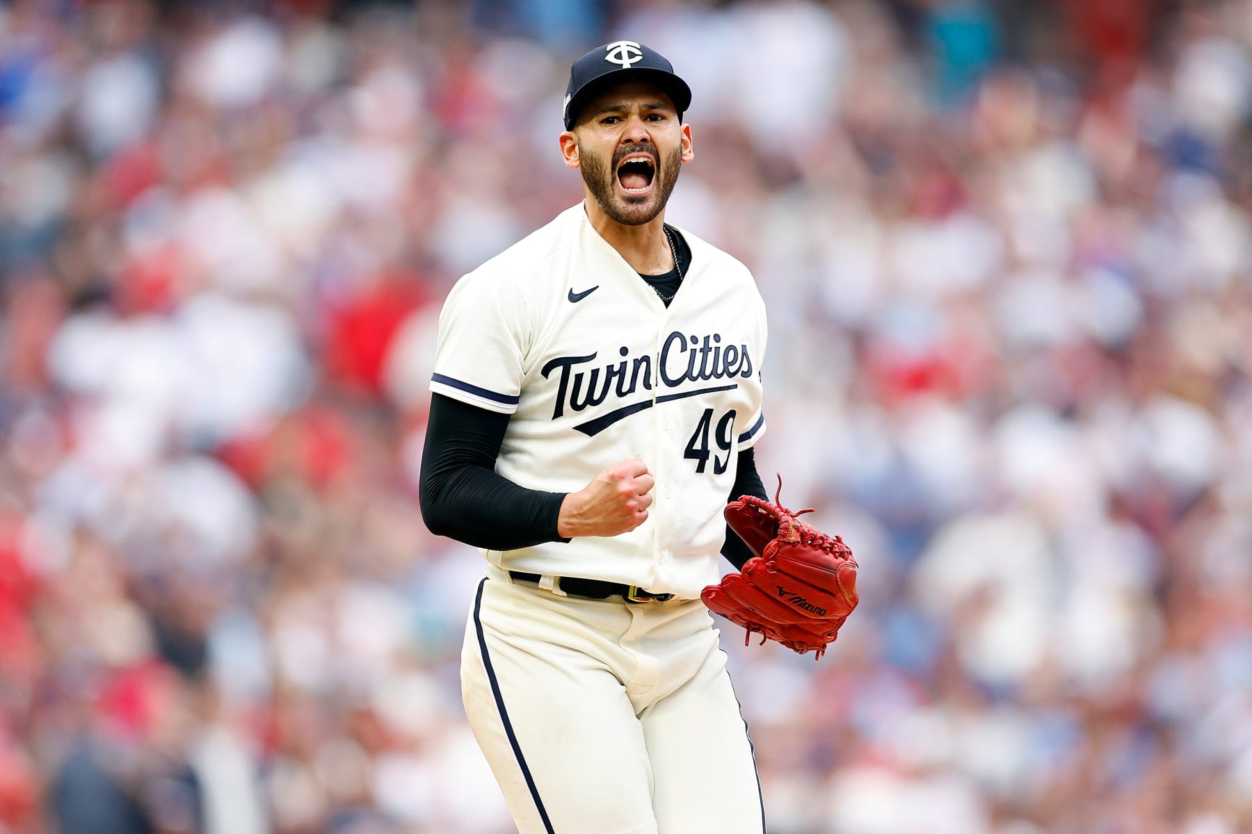 MINNEAPOLIS, MINNESOTA - OCTOBER 03: Pablo Lopez #49 of the Minnesota Twins celebrates after striking out Brandon Belt #13 of the Toronto Blue Jays during the fifth inning in Game One of the Wild Card Series at Target Field on October 03, 2023 in Minneapolis, Minnesota. (Photo by David Berding/Getty Images)