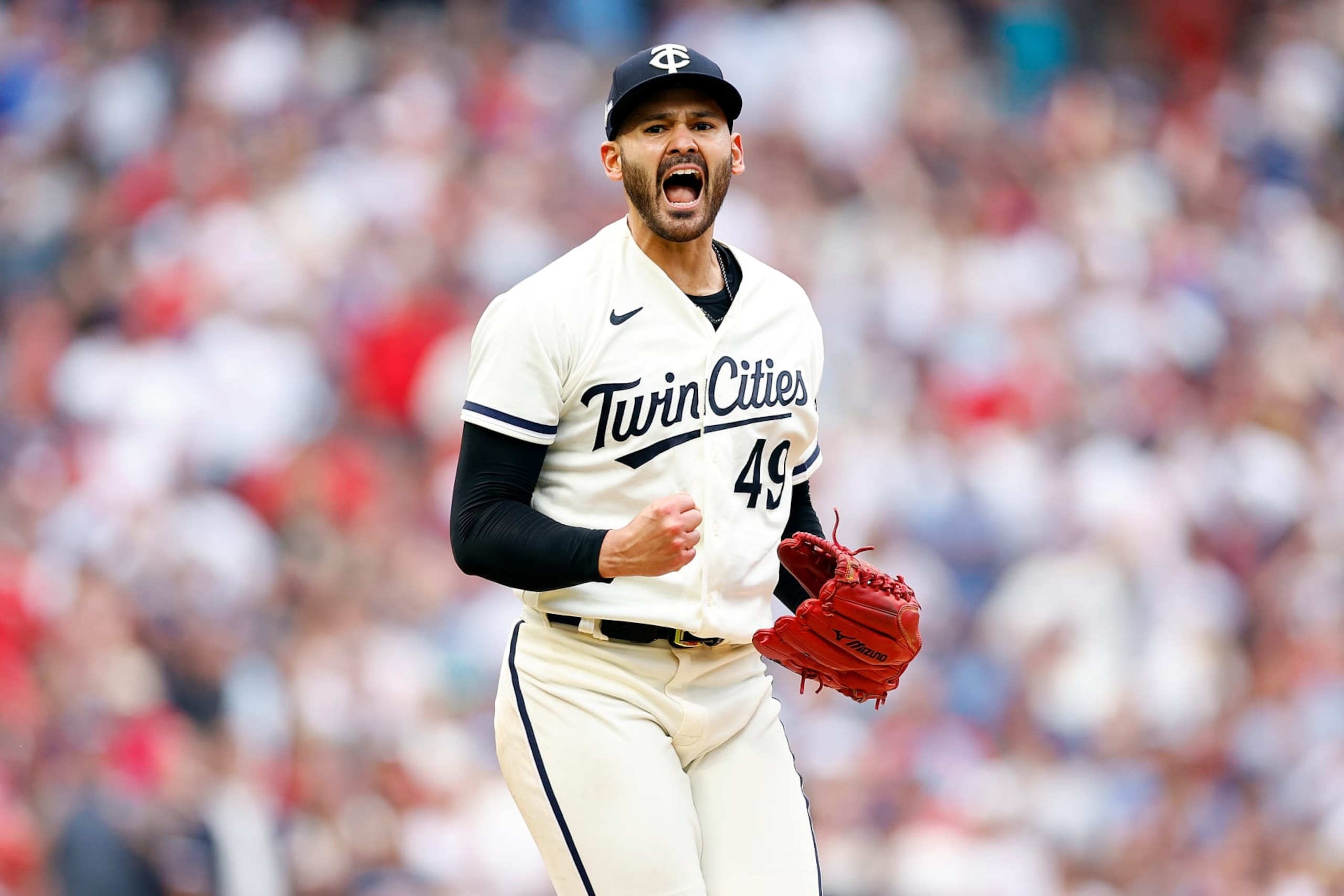 MINNEAPOLIS, MINNESOTA - OCTOBER 03: Pablo Lopez #49 of the Minnesota Twins celebrates after striking out Brandon Belt #13 of the Toronto Blue Jays during the fifth inning in Game One of the Wild Card Series at Target Field on October 03, 2023 in Minneapolis, Minnesota. (Photo by David Berding/Getty Images)