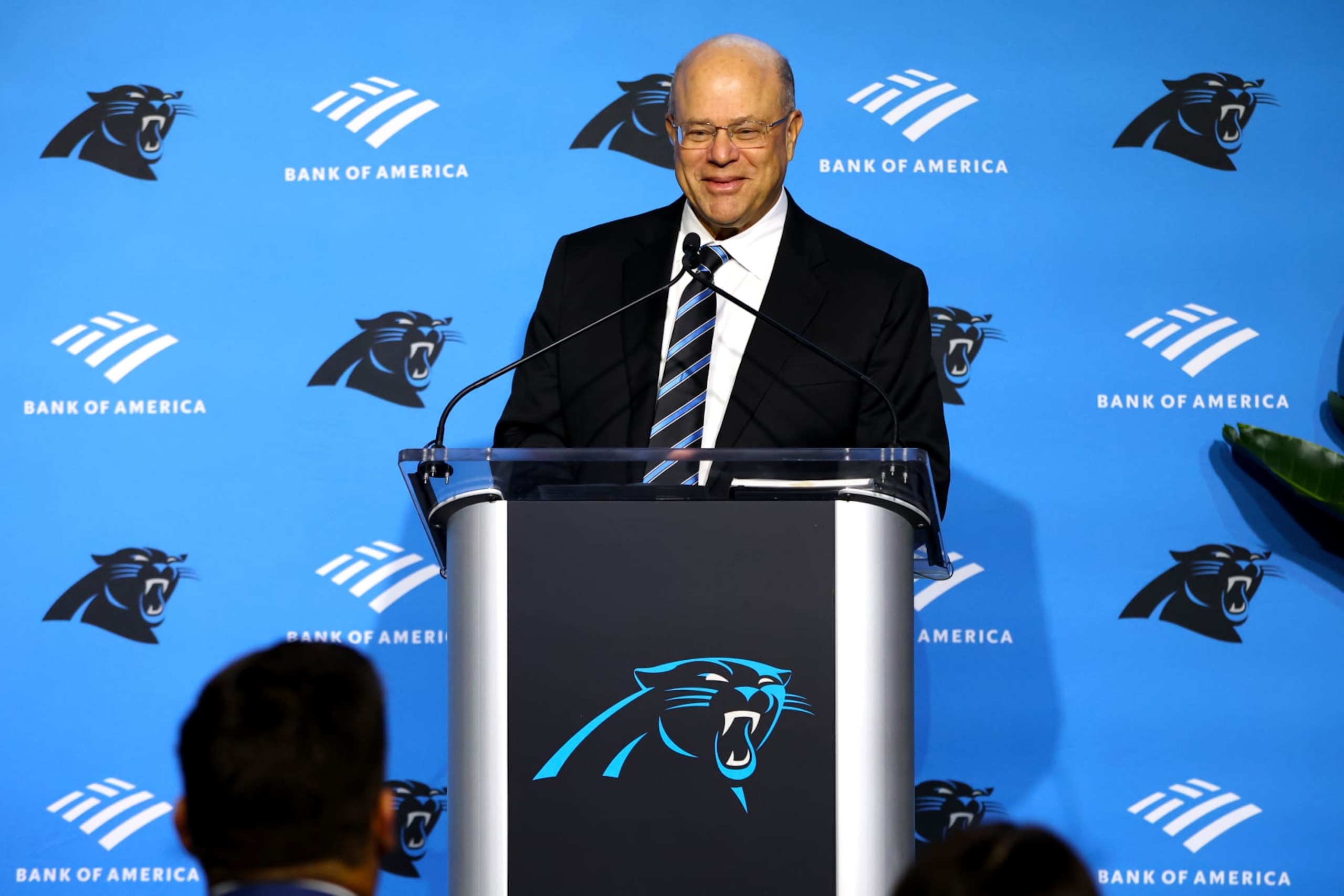CHARLOTTE, NORTH CAROLINA - FEBRUARY 01: Carolina Panthers Owner David Tepper speaks with the media as the Carolina Panthers introduce Canales as their new Head Coach at Bank of America Stadium on February 01, 2024 in Charlotte, North Carolina. (Photo by David Jensen/Getty Images)