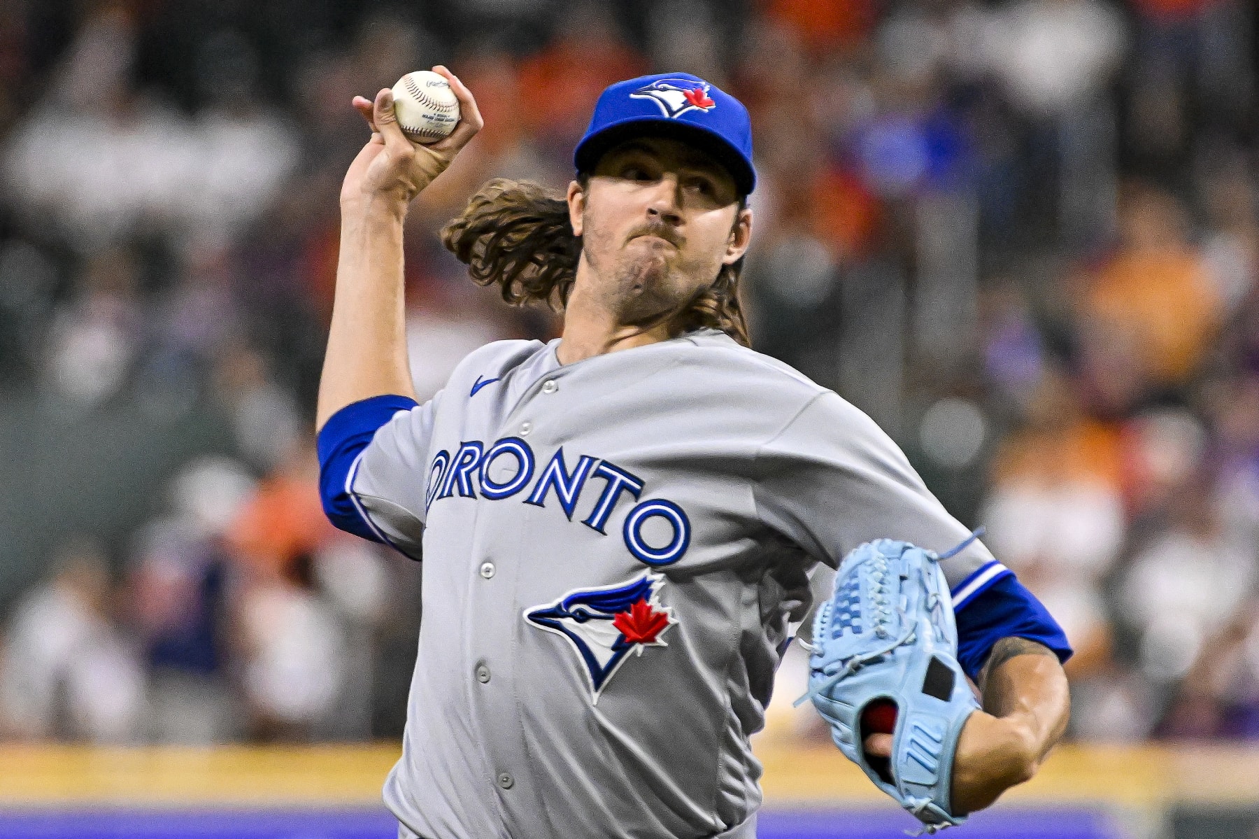 HOUSTON, TEXAS - APRIL 17: Kevin Gausman #34 of the Toronto Blue Jays pitches in the third inning against the Houston Astros at Minute Maid Park on April 17, 2023 in Houston, Texas. (Photo by Logan Riely/Getty Images)