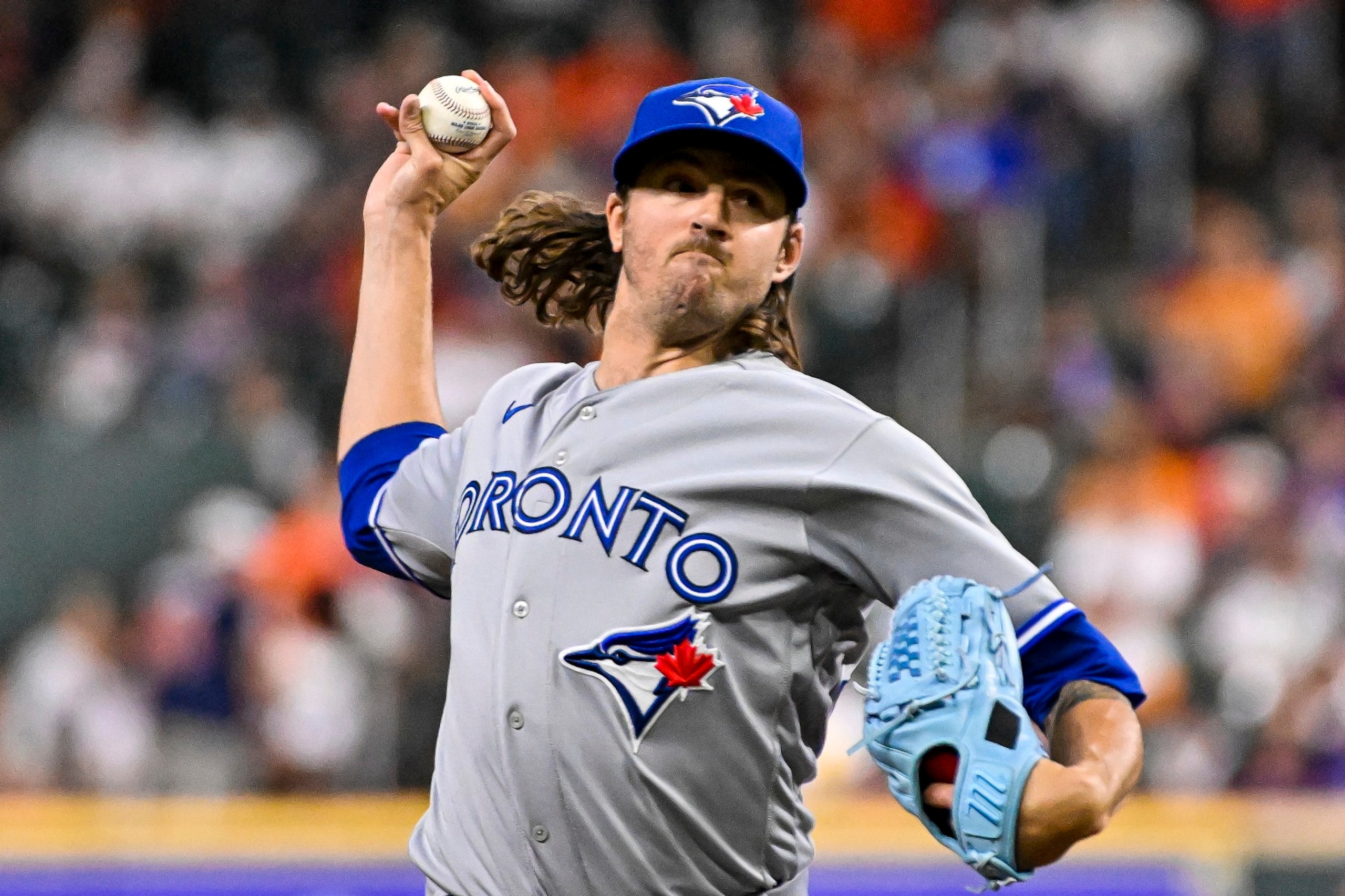 HOUSTON, TEXAS - APRIL 17: Kevin Gausman #34 of the Toronto Blue Jays pitches in the third inning against the Houston Astros at Minute Maid Park on April 17, 2023 in Houston, Texas. (Photo by Logan Riely/Getty Images)