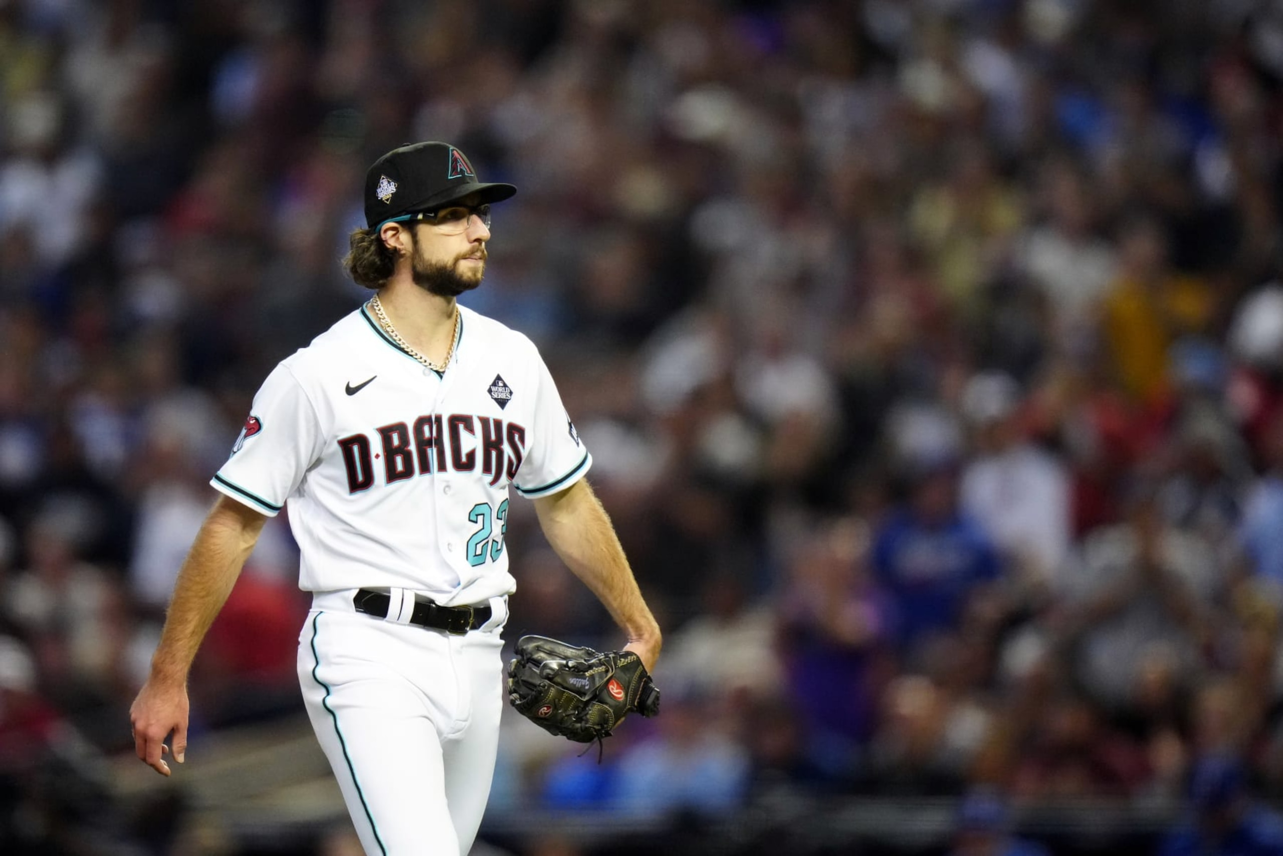 PHOENIX, AZ - NOVEMBER 01: Zac Gallen #23 of the Arizona Diamondbacks walks off the field after pitching during Game 5 of the 2023 World Series between the Texas Rangers and the Arizona Diamondbacks at Chase Field on Wednesday, November 1, 2023 in Phoenix, Arizona. (Photo by Daniel Shirey/MLB Photos via Getty Images)