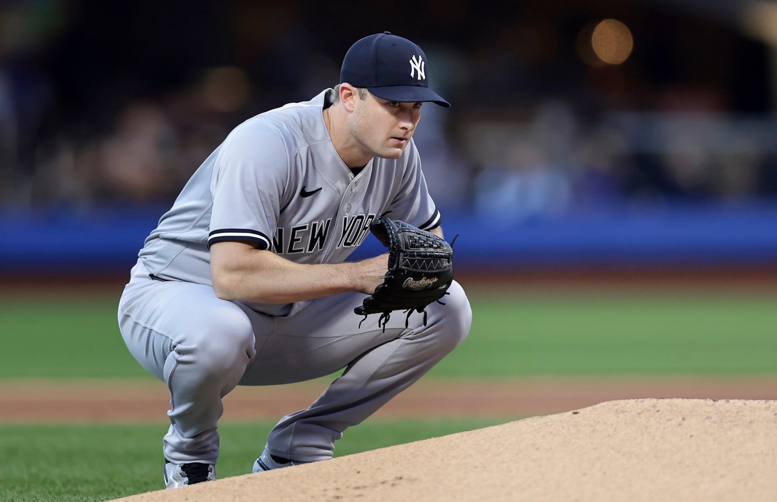 NEW YORK, NEW YORK - JUNE 14:  Gerrit Cole #45 of the New York Yankees prepares for a game against the New York Mets at Citi Field on June 14, 2023 in New York City. (Photo by Jim McIsaac/Getty Images)