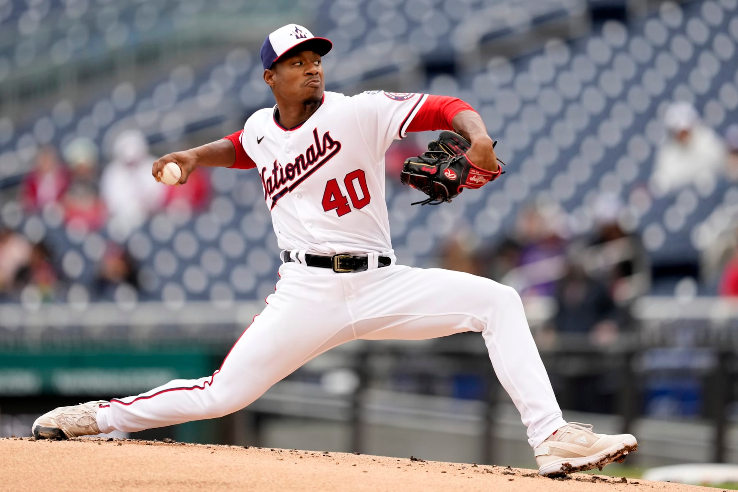 WASHINGTON, DC - APRIL 30:  Josiah Gray #40 of the Washington Nationals pitches in the first inning during a baseball game against the Pittsburgh Pirates at Nationals Park on April 30, 2023 in Washington, DC.  (Photo by Mitchell Layton/Getty Images)