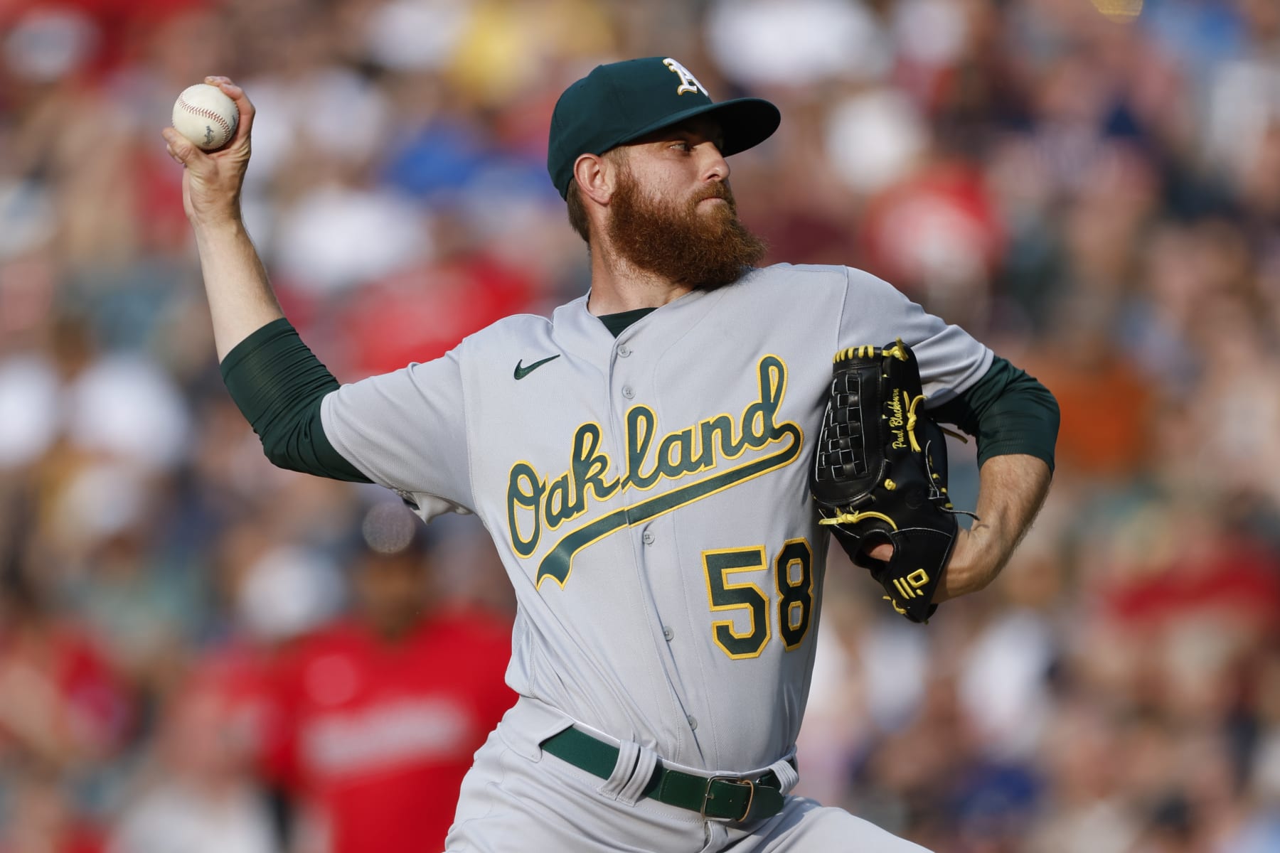 CLEVELAND, OH - JUNE 21: Paul Blackburn #58 of the Oakland Athletics pitches during the first inning against the Cleveland Guardians at Progressive Field on June 21, 2023 in Cleveland, Ohio. (Photo by Ron Schwane/Getty Images)