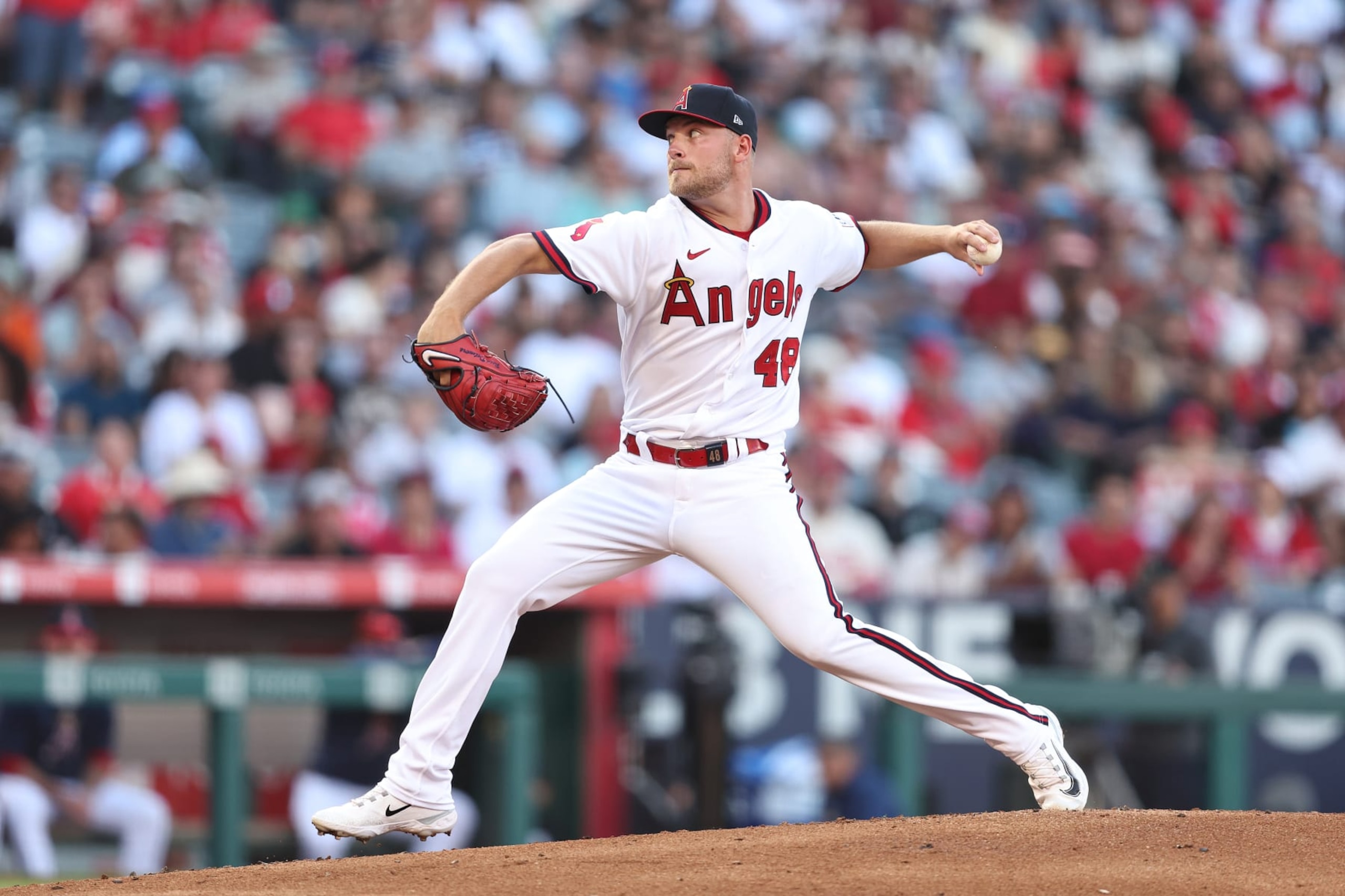 ANAHEIM, CALIFORNIA - JULY 22: Reid Detmers #48 of the Los Angeles Angels pitches against the Pittsburgh Pirates during the second inning at Angel Stadium of Anaheim on July 22, 2023 in Anaheim, California. (Photo by Michael Owens/Getty Images)