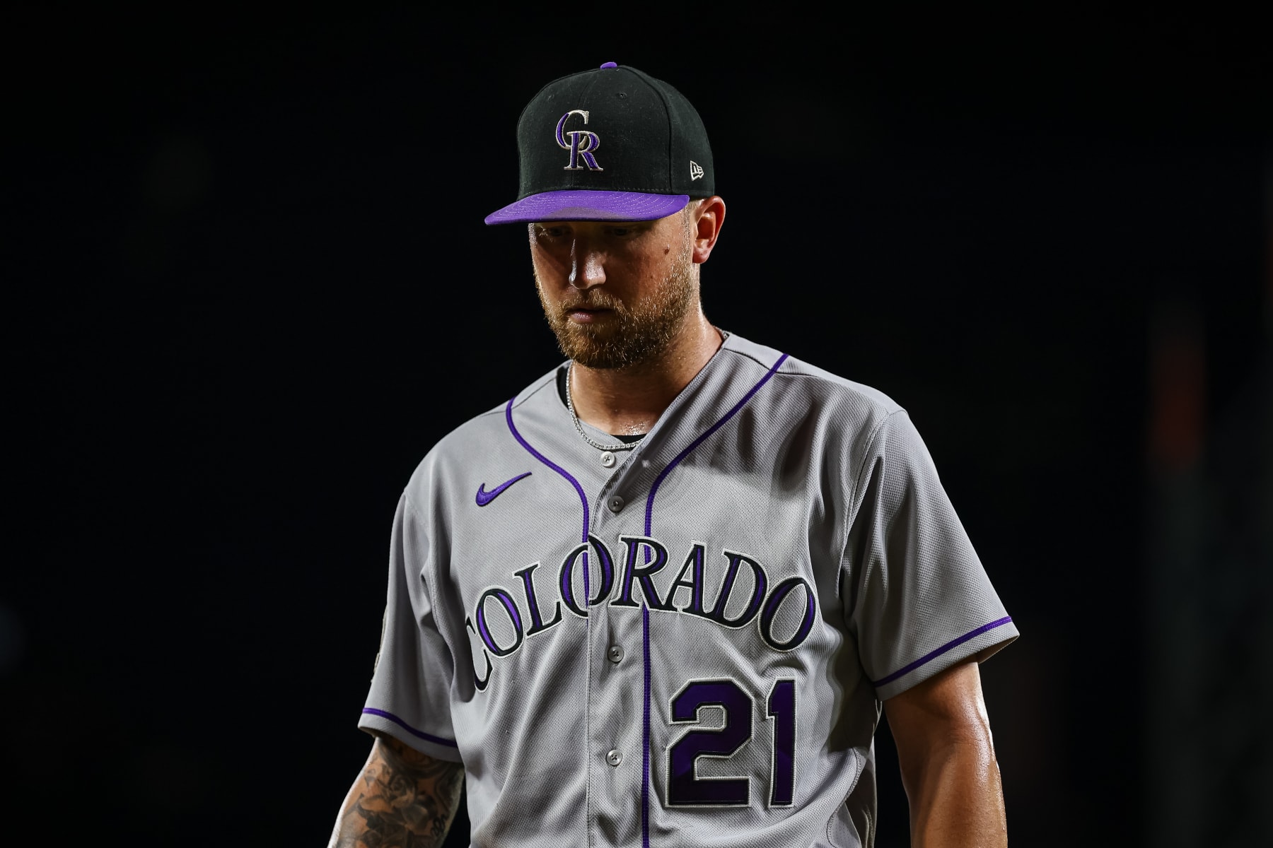 BALTIMORE, MD - AUGUST 25: Kyle Freeland #21 of the Colorado Rockies looks on after pitching during the sixth inning against the Baltimore Orioles at Oriole Park at Camden Yards on August 25, 2023 in Baltimore, Maryland. (Photo by Scott Taetsch/Getty Images)