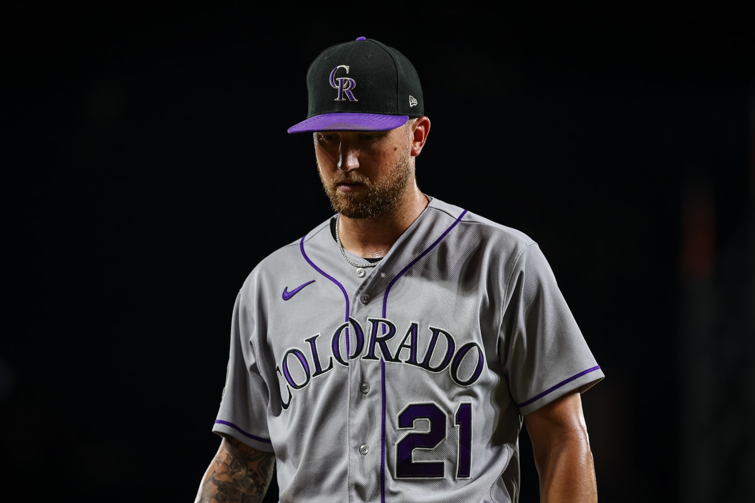 BALTIMORE, MD - AUGUST 25: Kyle Freeland #21 of the Colorado Rockies looks on after pitching during the sixth inning against the Baltimore Orioles at Oriole Park at Camden Yards on August 25, 2023 in Baltimore, Maryland. (Photo by Scott Taetsch/Getty Images)