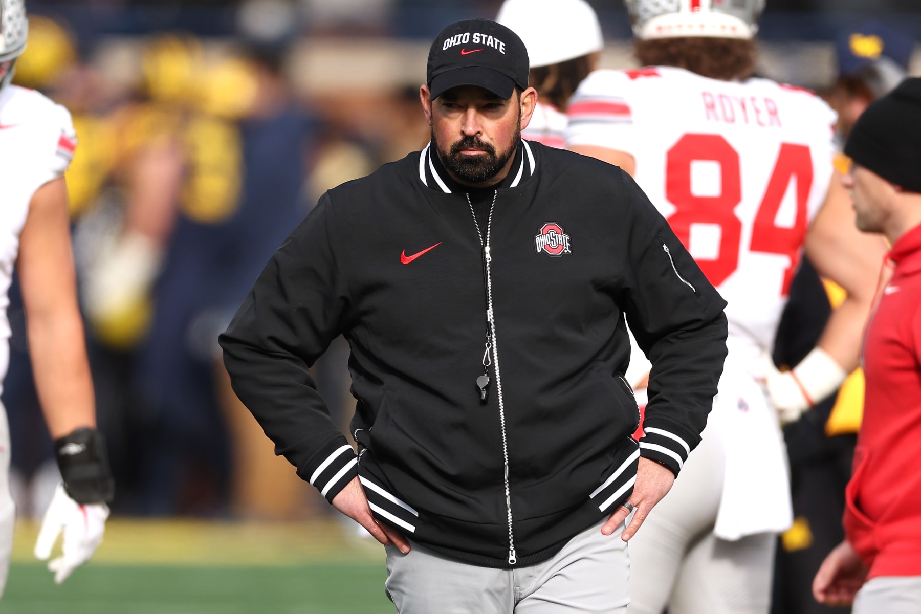 ANN ARBOR, MICHIGAN - NOVEMBER 25: Head coach Ryan Day of the Ohio State Buckeyes looks on prior to the game against the Michigan Wolverines at Michigan Stadium on November 25, 2023 in Ann Arbor, Michigan. (Photo by Gregory Shamus/Getty Images)