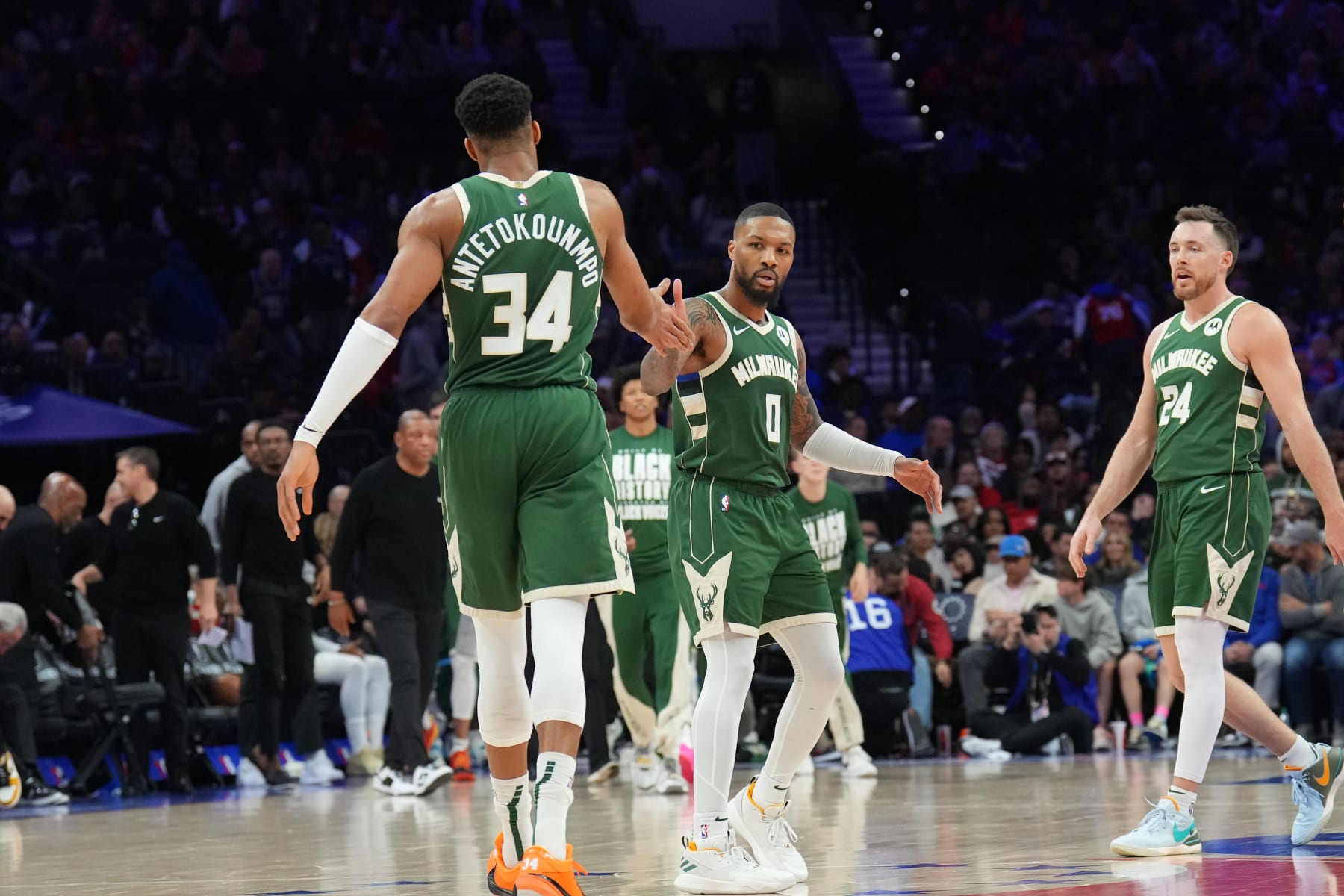 Giannis Antetokounmpo, Damian Lillard and Pat Connaughton