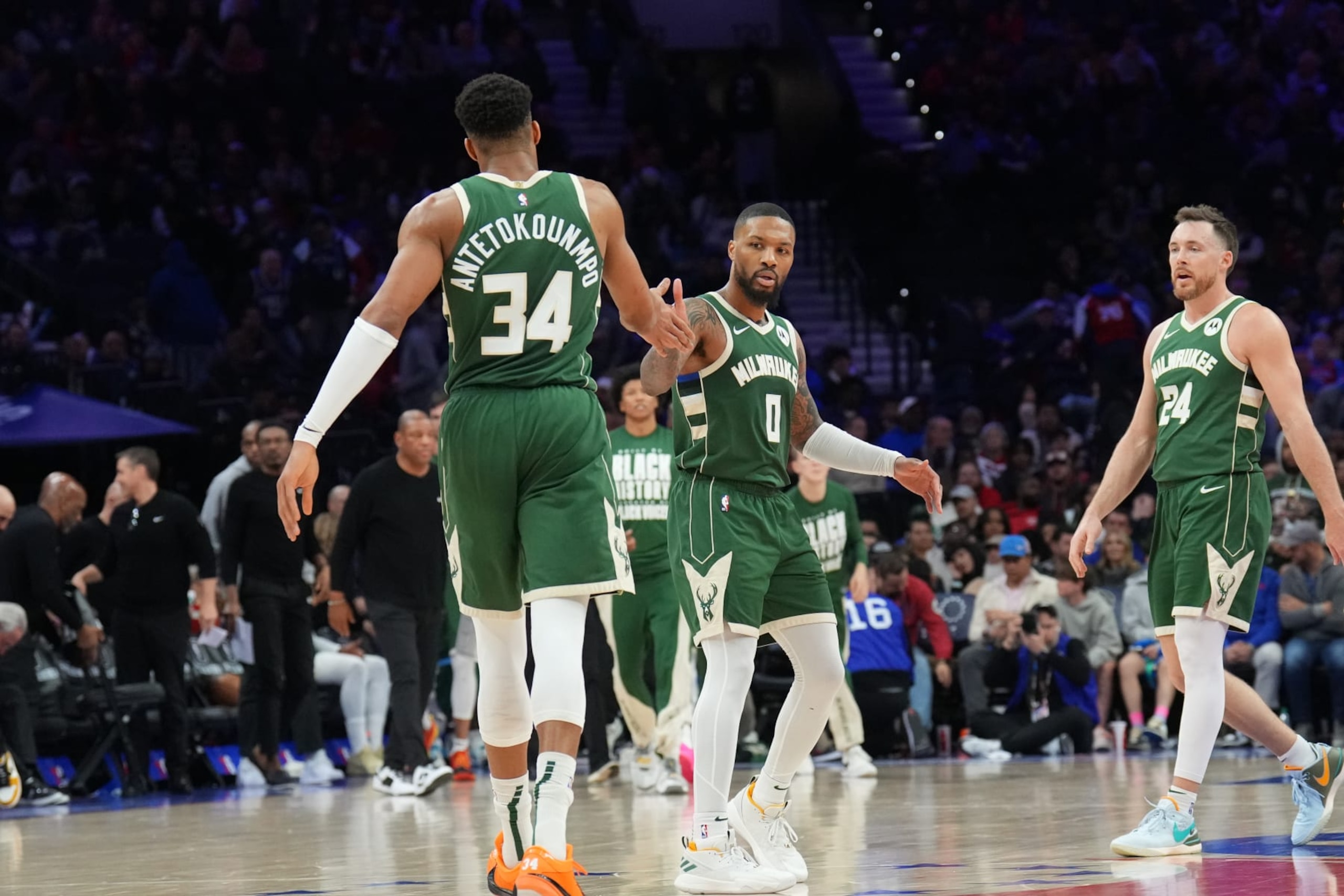 Giannis Antetokounmpo, Damian Lillard and Pat Connaughton Giannis Antetokounmpo, Damian Lillard and Pat Connaughton